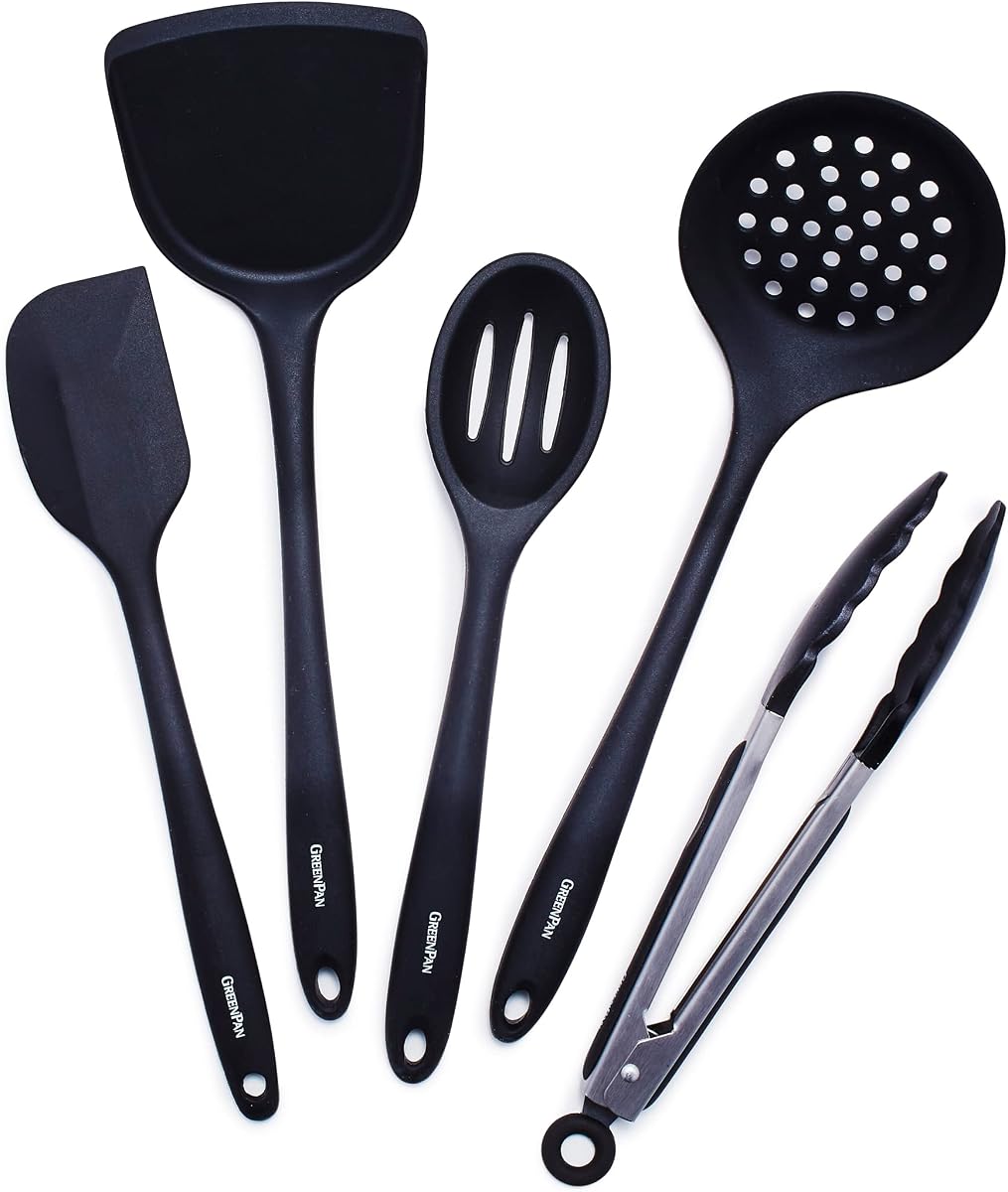 Juego de Utensilios de Cocina de 5 Piezas, Silicona Flexible Antiadherente, Sin Manchas, Pinzas, Espátula, Espátula, Espumadera y Espátula, Negro