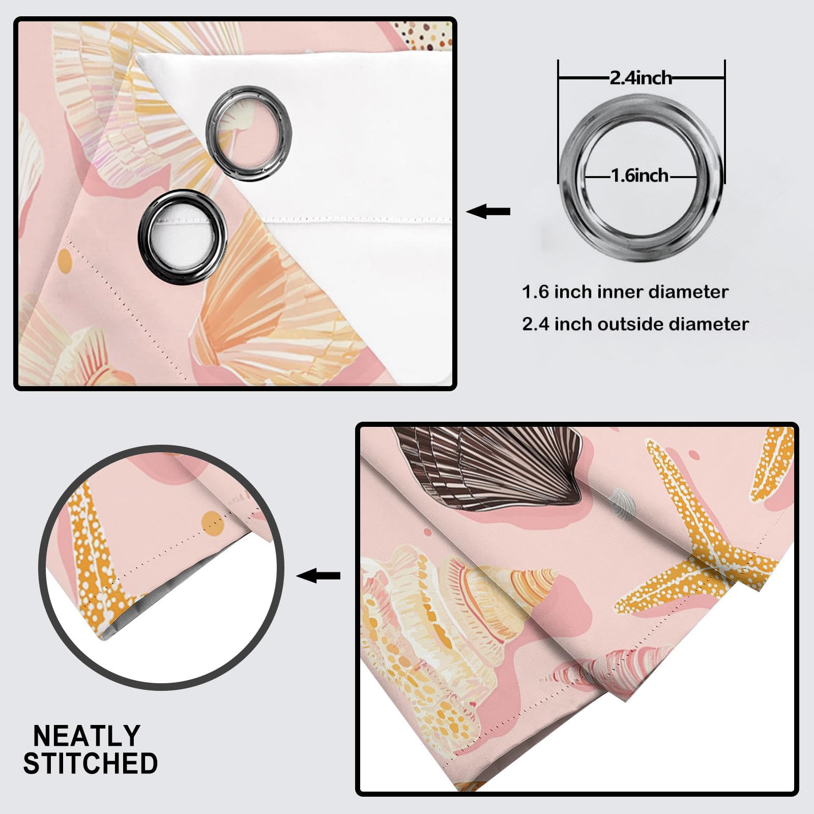Rideau Occultant Thermiques Anti Froid Coquillage De Dessin Animé Imprimé 140Lx240H Cm Rideaux Opaques pour Salon Chambre, Jolie Illustration Design avec Oeillet Poudre Blush Lot De 2 De Cuisine