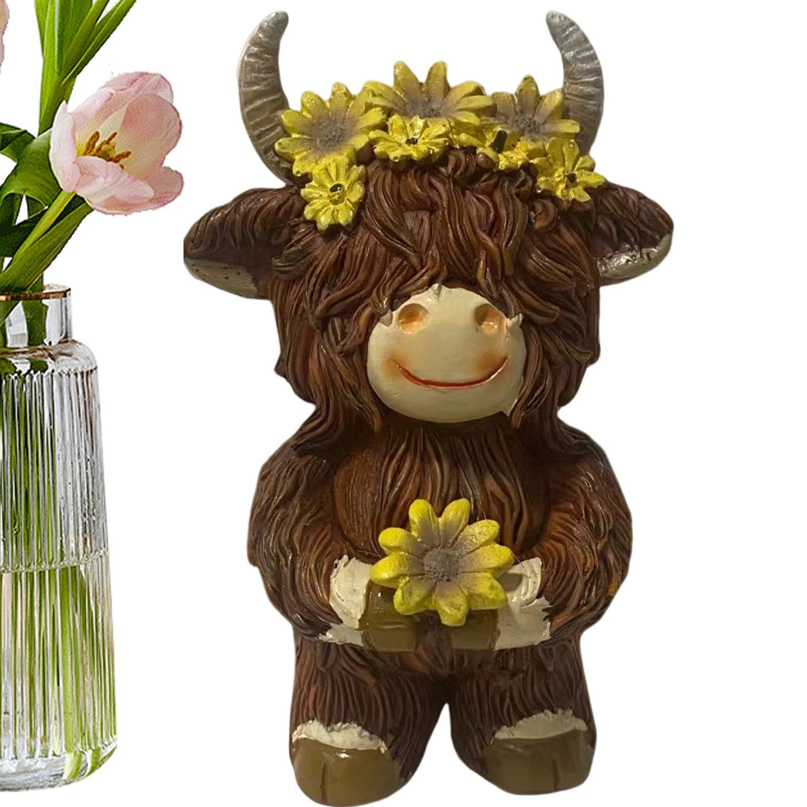 Statua Gnomo Mucca Delle Highlands Con Lanterna Solare: Decorazione Da Giardino Divertente - 3