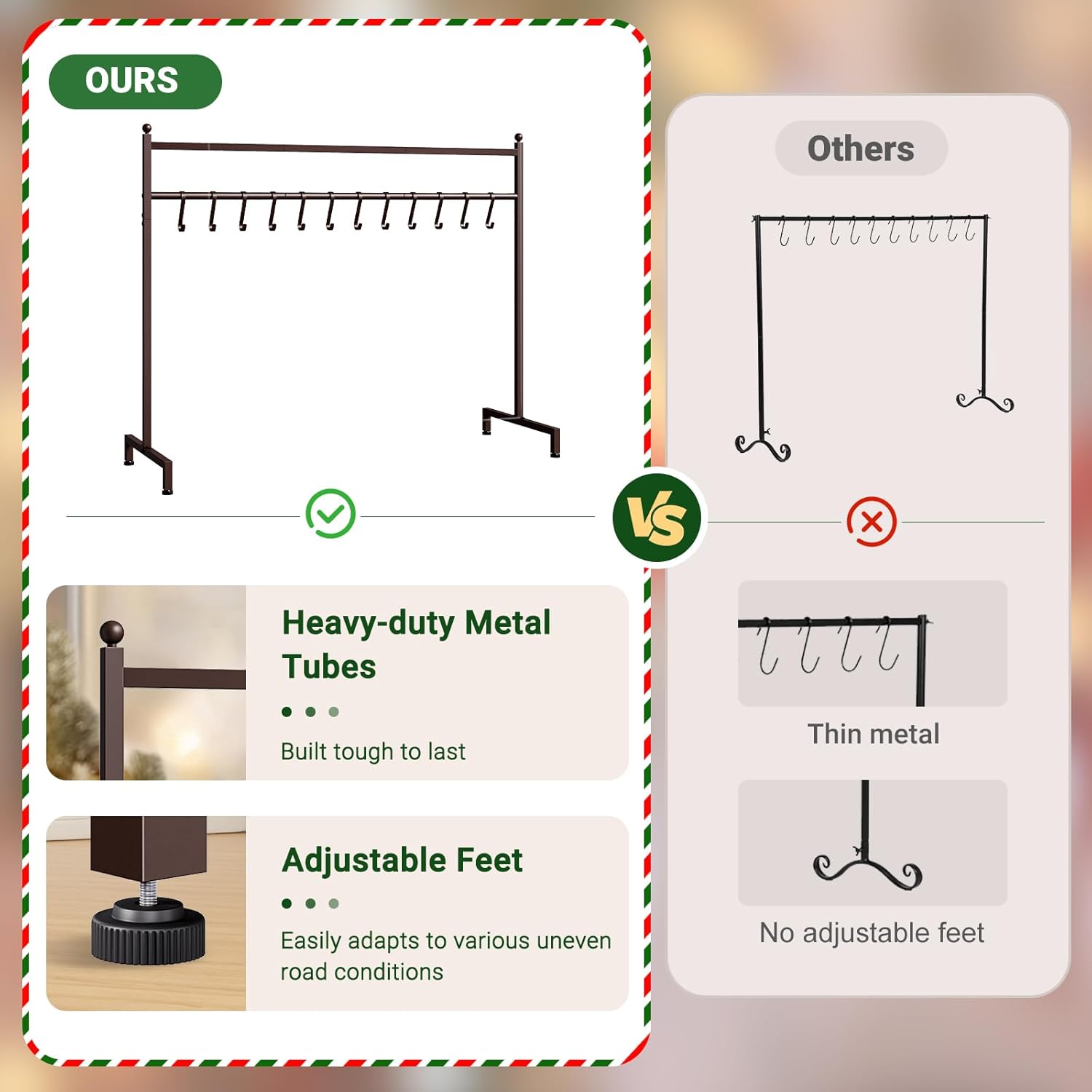ELYKEN Christmas Stocking Holder, Freestanding Stocking Rack with 12 Removable Hooks, 60 LBS Loading Bearing Stocking Stand, Heavy Duty Metal Tubes with Stable Base and Adjustable Feet, Bronze