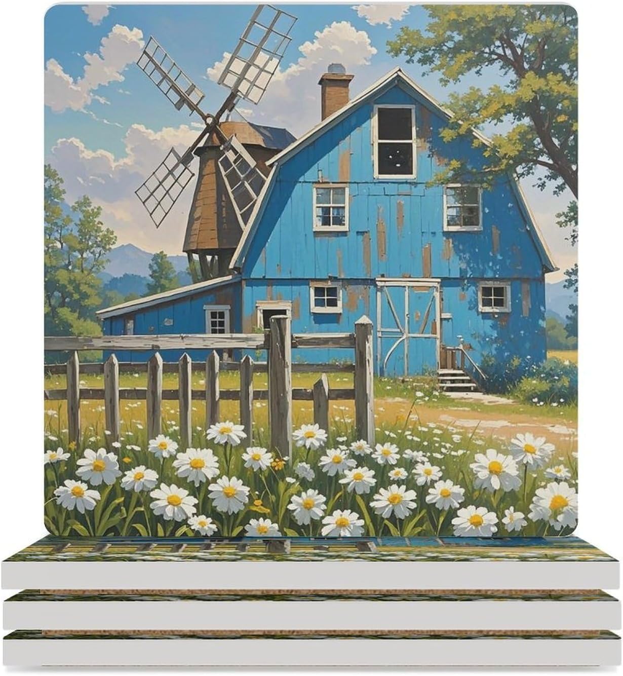 Rural Blue Valley Warehouse Coasters Absorbent Ceramic Coasters for Drinks Coaster with Cork Backing for Table Protection Square Drink Cup Mat Modern Style Coaster for Coffee Table