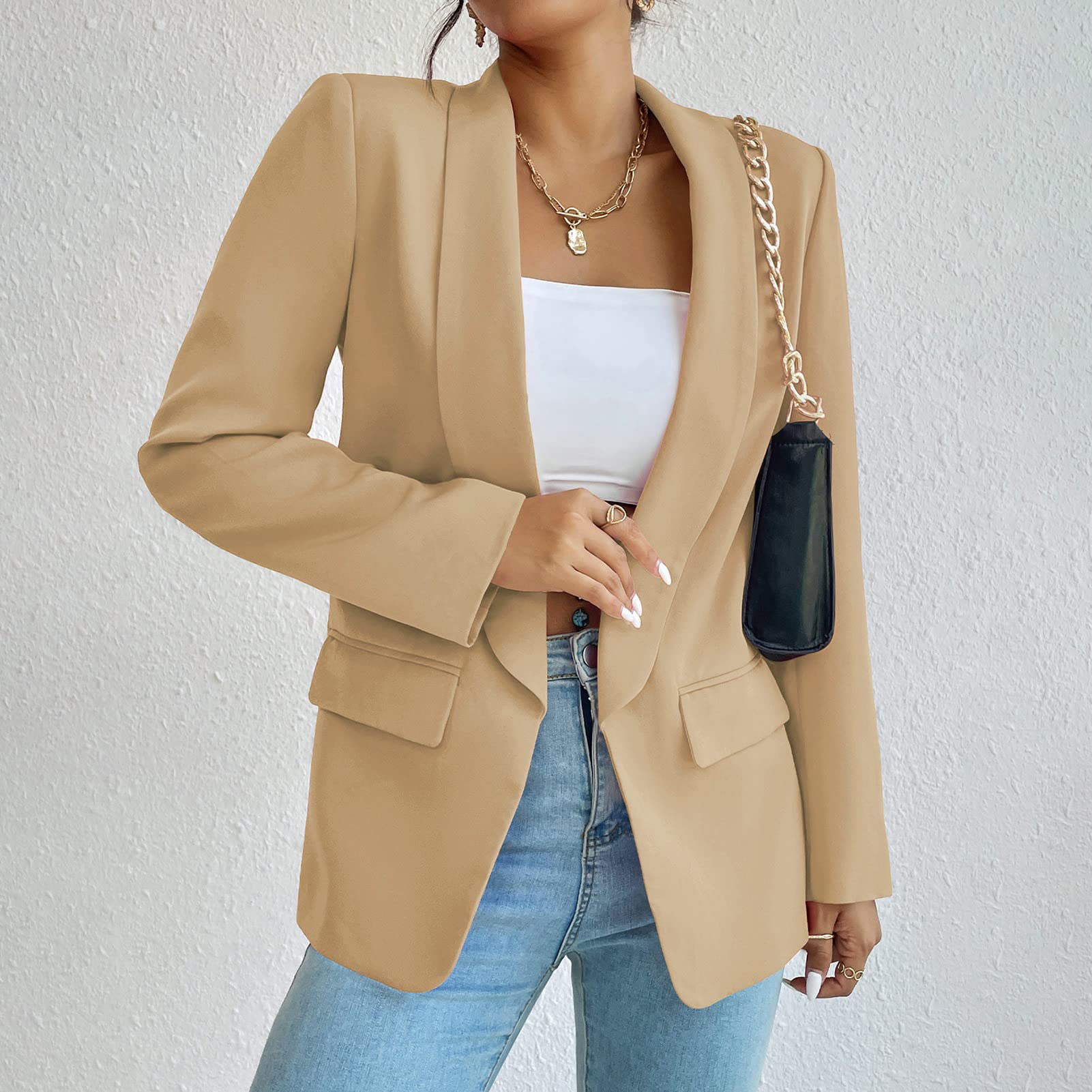 Blazer long décontracté ouvert sur le devant pour femme Veste de travail de bureau avec poches