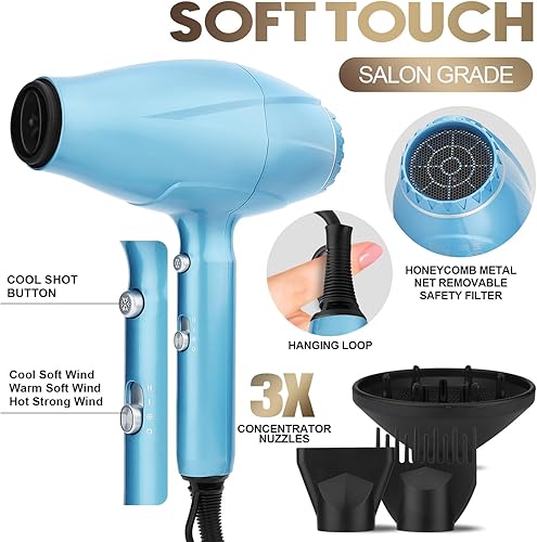 Miniatura 2 de Juego de plancha plana y soplador, motor de CA de 2200 W, secado rápido, secador de pelo iónico de bajo ruido con boquilla difusora, peine