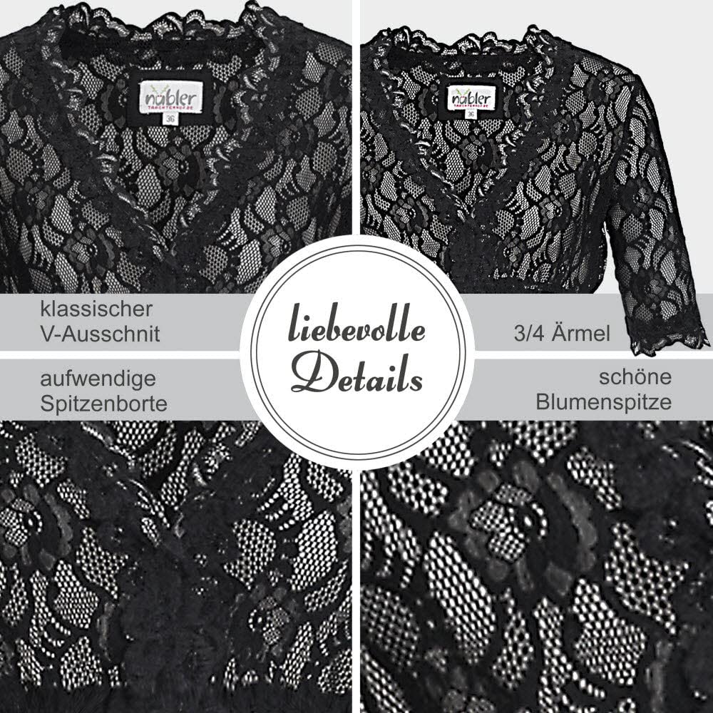 Nübler Dirndlbluse Damen Laura - Kurzarm Trachtenbluse mit Spitze & V-Ausschnitt - Schwarz, Elegante Tracht im Landhaus Stil - Hochwertige, formbeständige Qualität