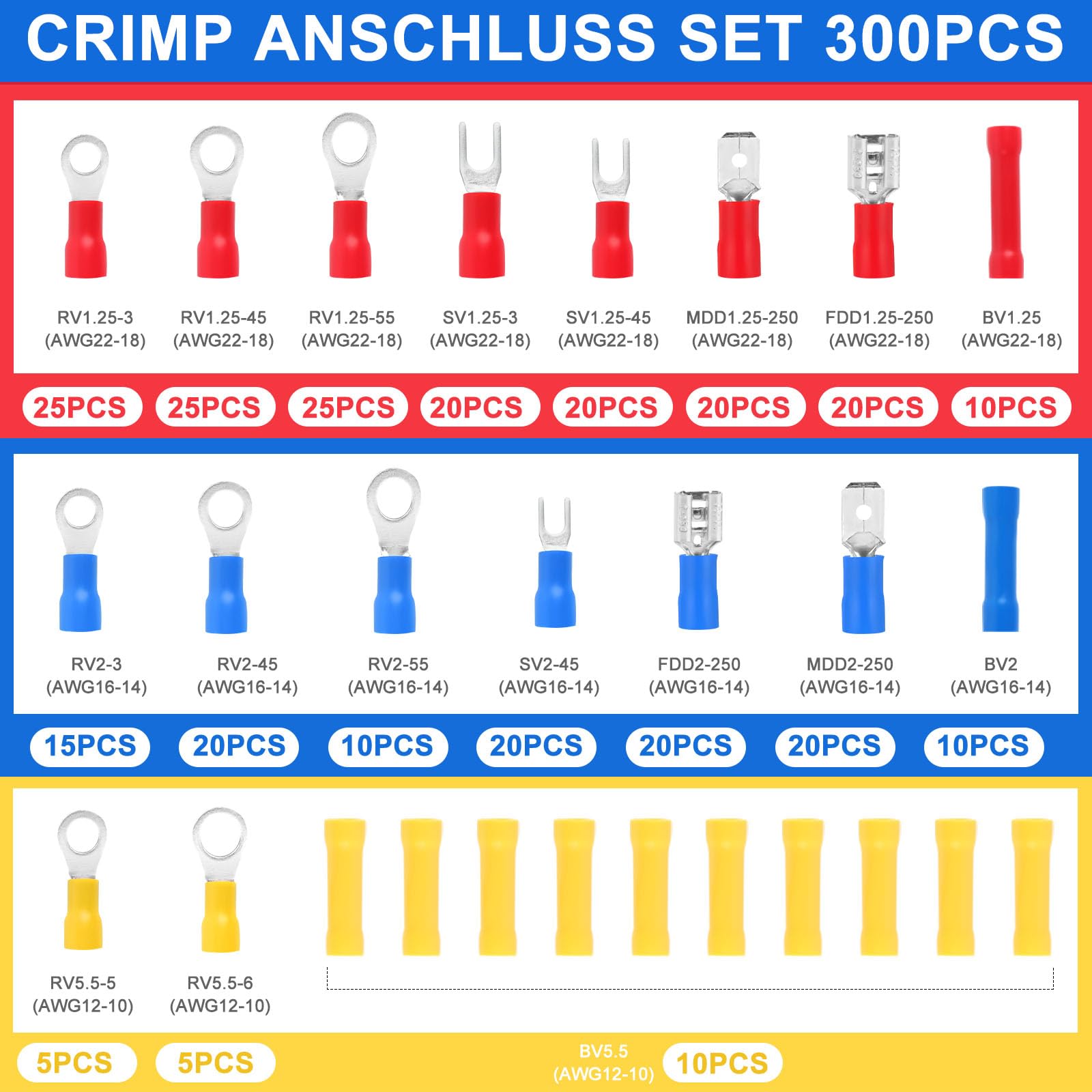 VFANDV Pinza Crimpatrice Capicorda, con 300 Capicorda Isolati a Crimpare, Crimpatrice Puntalini per 1.5-6 mm², Autoregolanti Strumenti di Crimpatura, Crimping Tool per Elettricista Riparare (HS-30J)