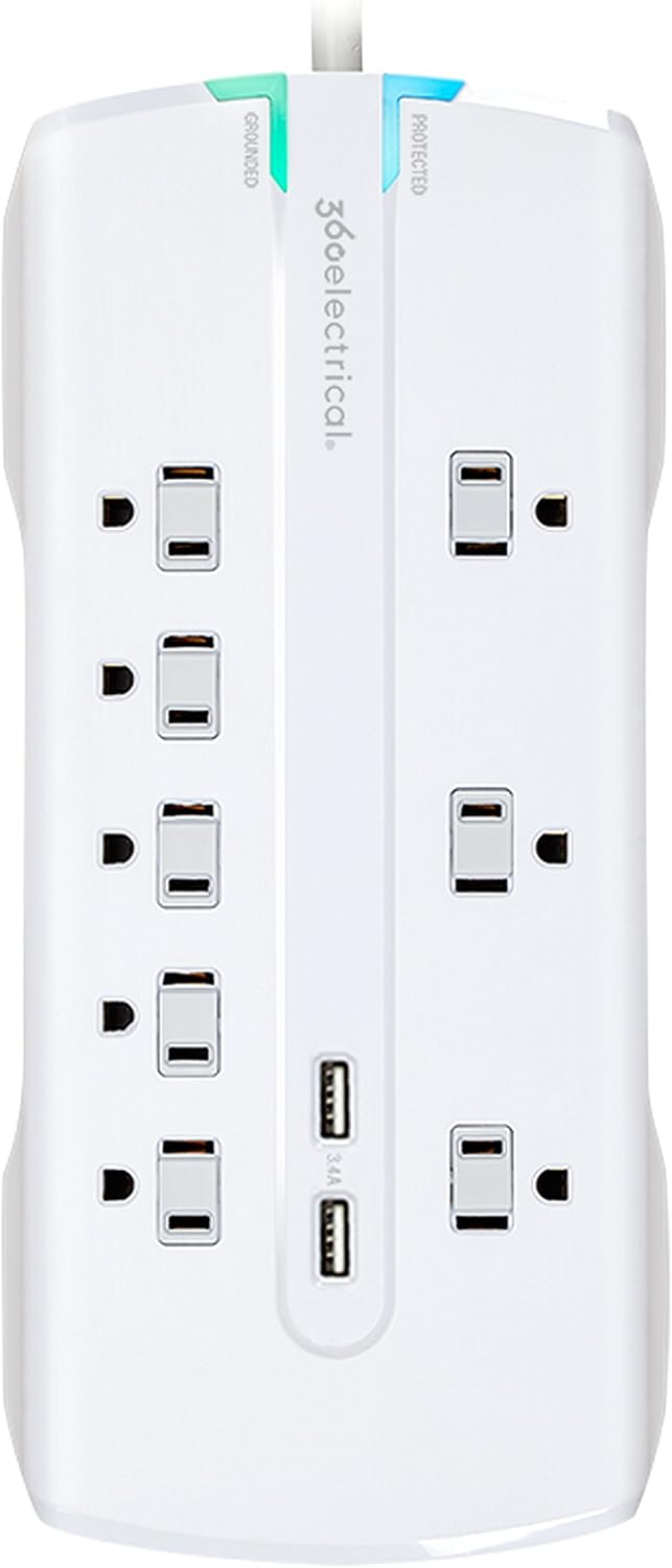 360 Electrical 360550 Visionary3.4 Surge Protector with 8 Outlets, Combo Data, Dual 3.4 Amp/17 Watt USB Charging, White