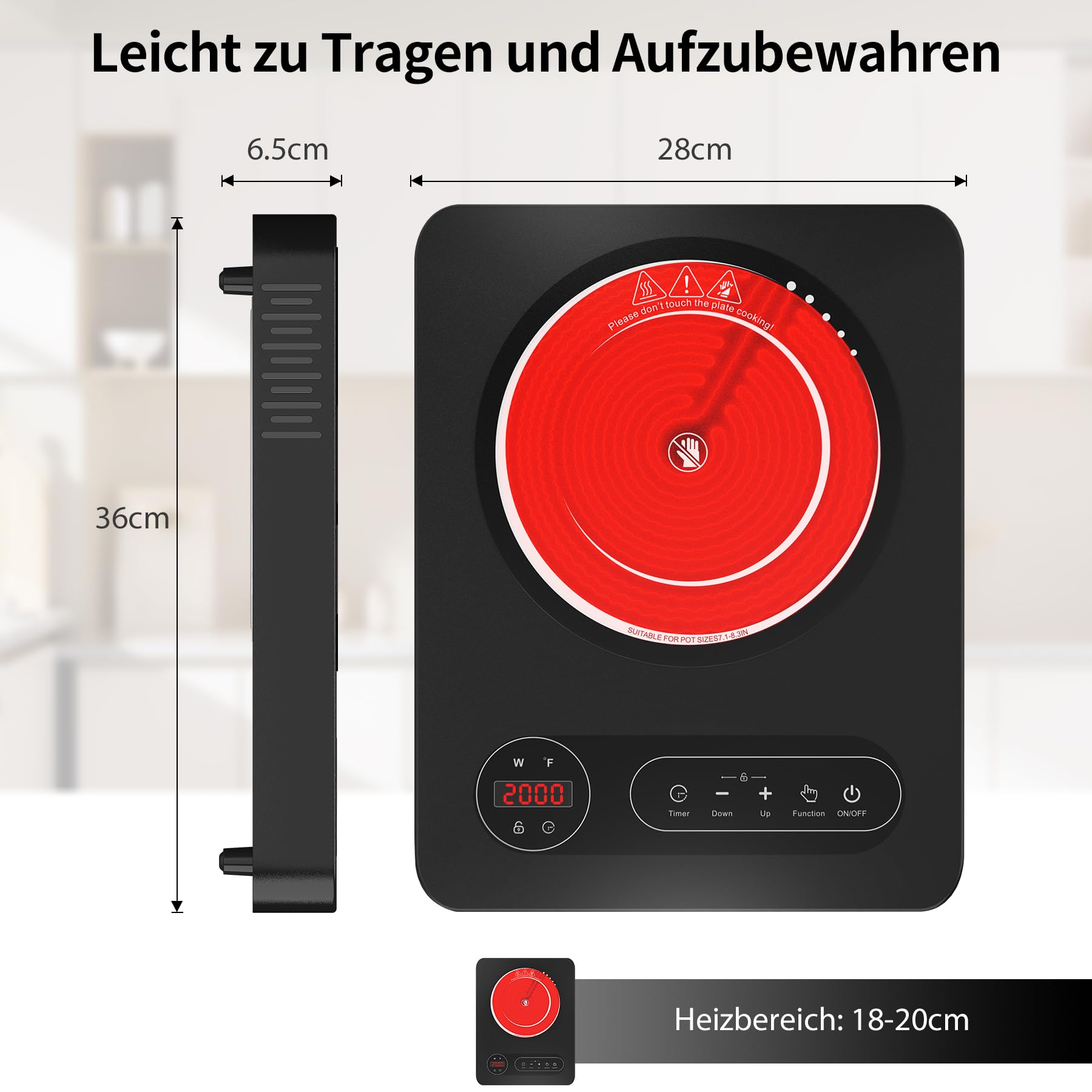 VBGK Glaskeramikkochfeld 220V 2000W LED-Touch-Steuerung 10 Leistungsstufen 4-Stunden-Timer Sicherheitsschloss 1 Platte