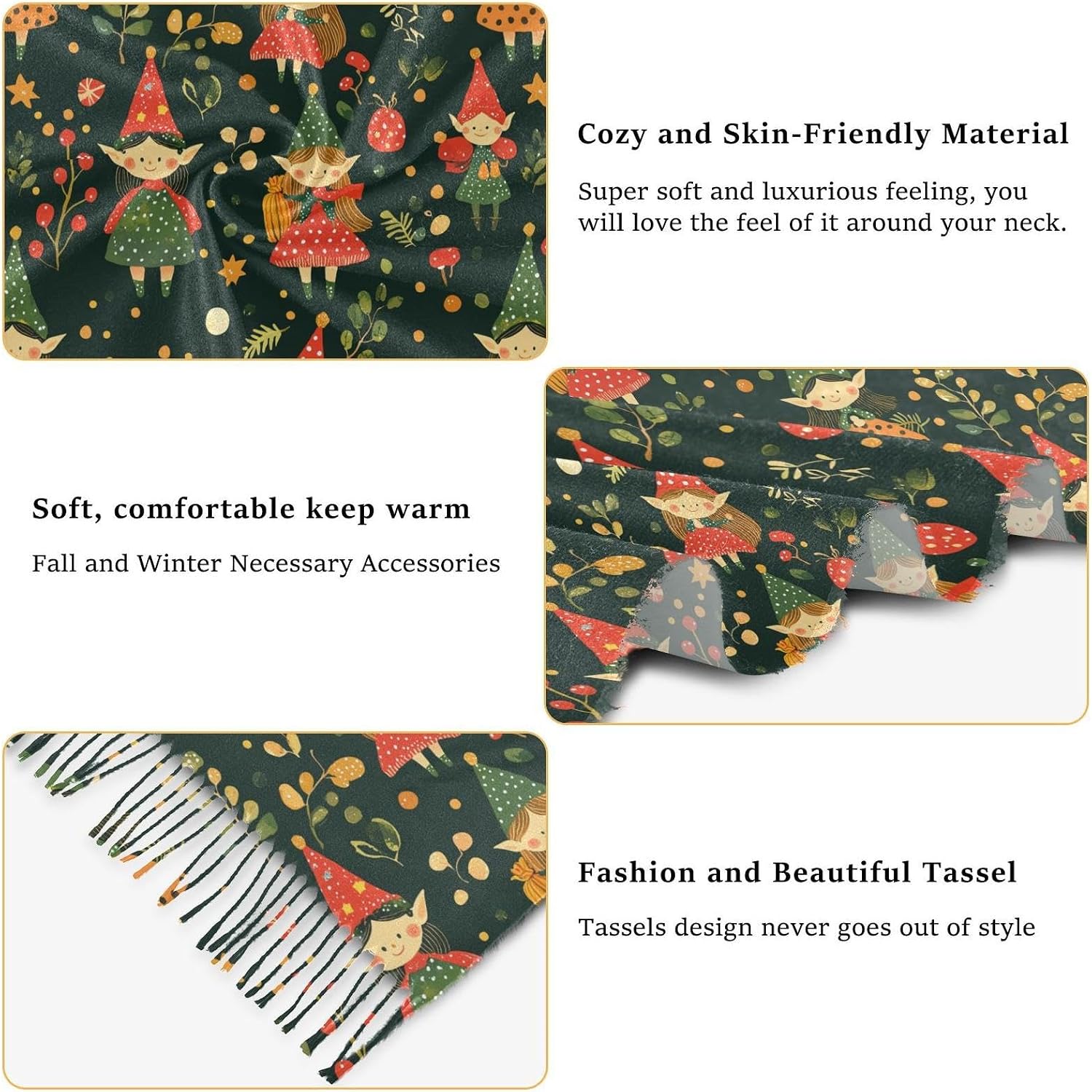 Winter Scarf for Women Forest Elves and Leaves Fashion Tassel Shawl Wraps for Women, Cold Weather Warm Womens Scarves Soft Long Scarf