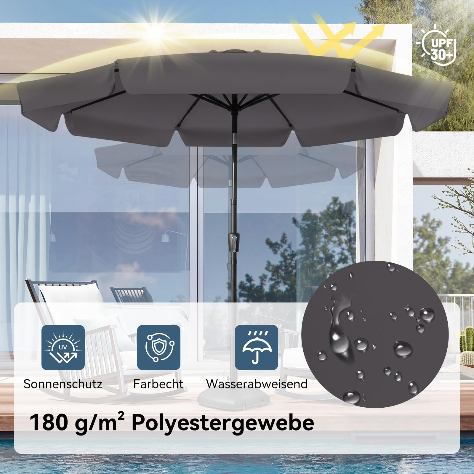 Sonnenschirm Balkon 300 cm Gartenschirm mit Kurbel Sonnenschutz UV-Schutz Wasserabweisend Marktschirm mit Volant Beidseitig Knickbar höhenverstellbar für Garten Terrasse Ohne Ständer