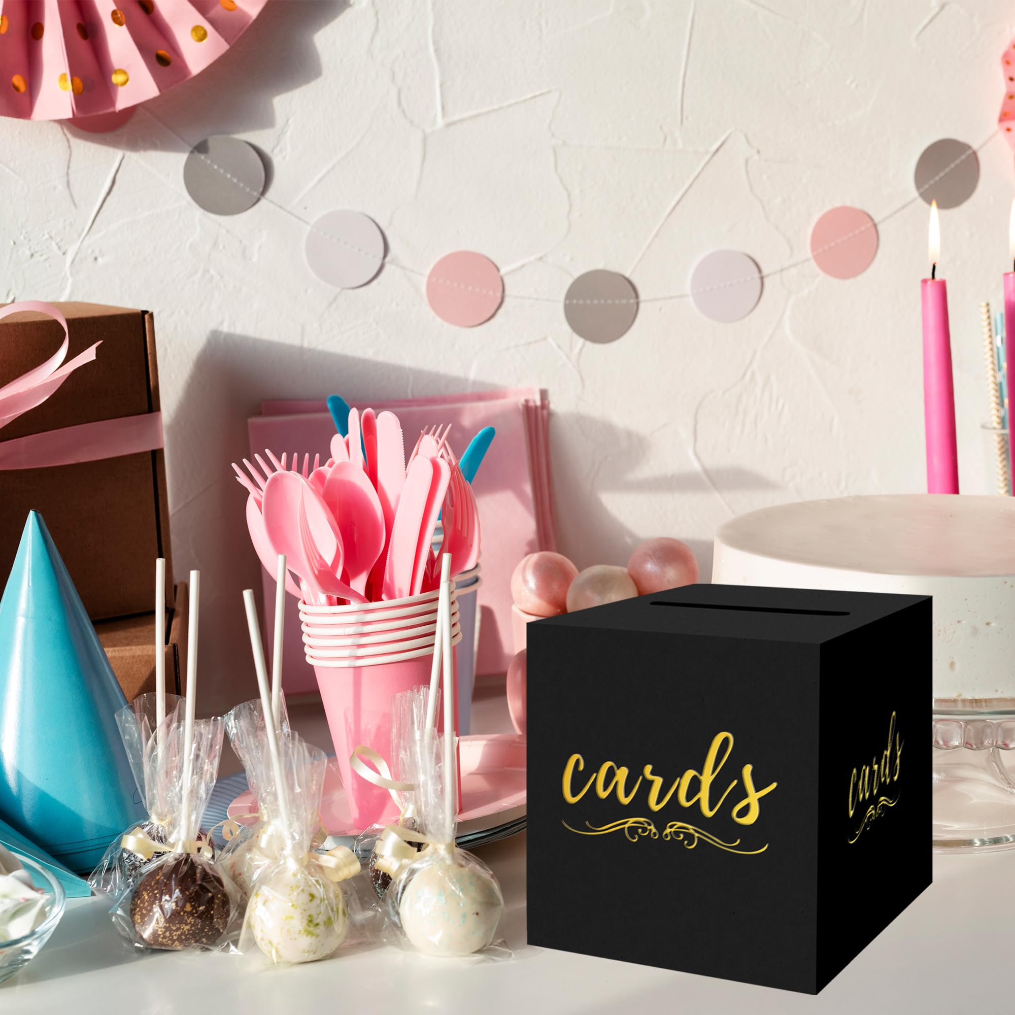 sunepany Black and Gold Gift Card Box for Party Wedding Funeral Birthday Bridal & Baby Shower Retirements Anniversaries, Graduation Card Holder Cardboard Raffle Ticket Voting Ballot with Slot