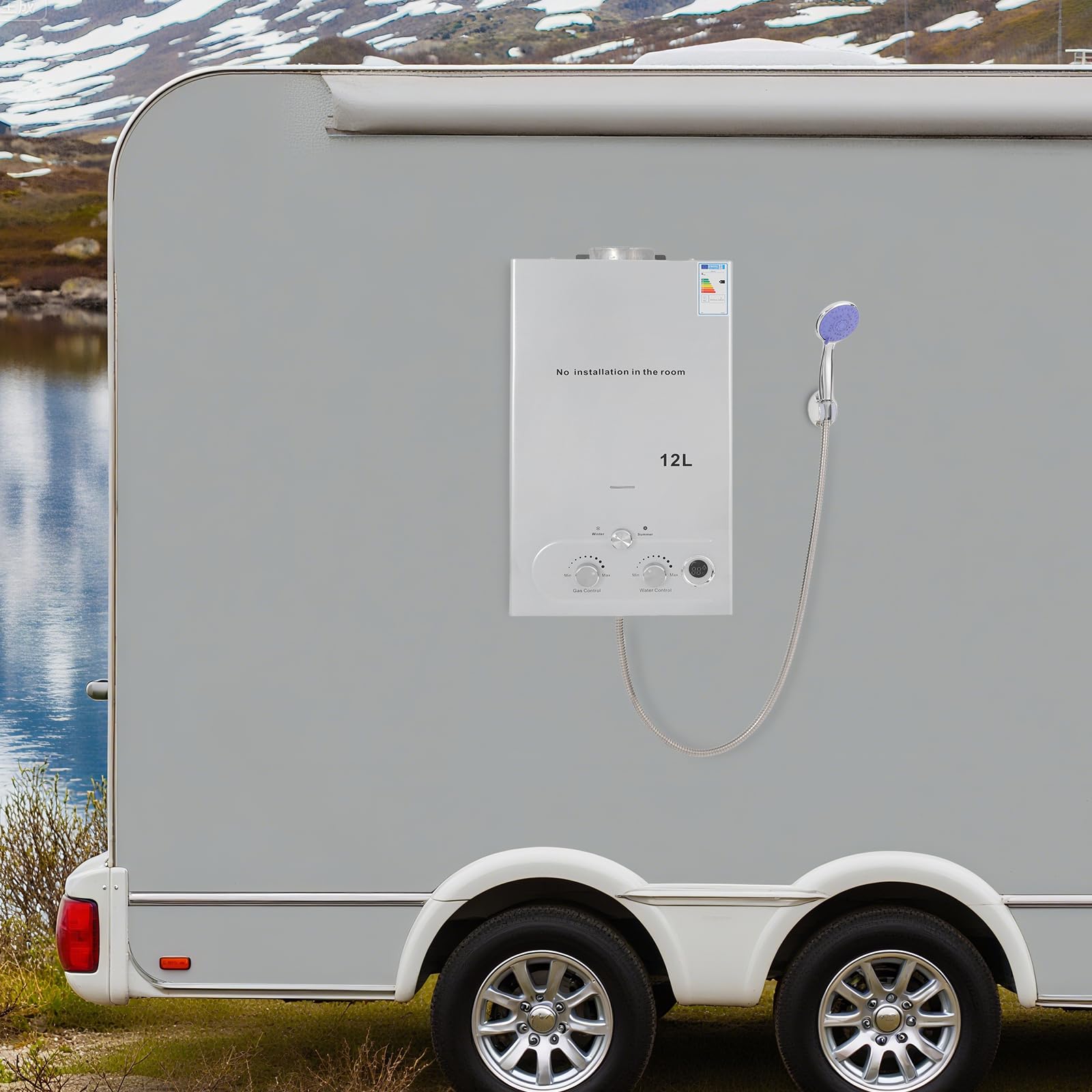 Calentador de agua instantáneo GLP de 24 kW, 12 litros de agua caliente instantánea con cabezal de ducha y manguera, calentador de agua de gas portátil para camping, caravana y jardín, alta eficiencia