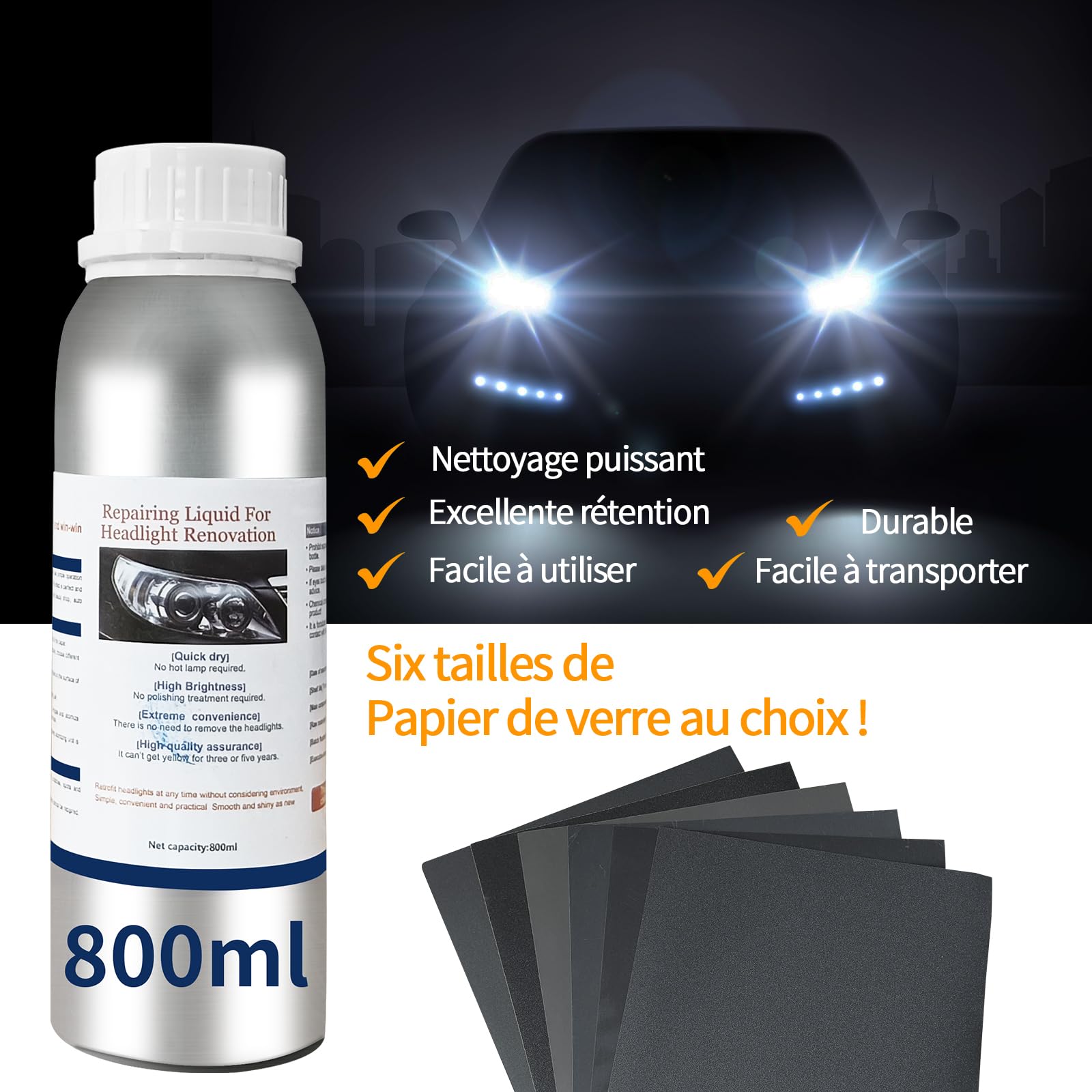 Kit Renovation Phare Voiture 1600g pour l'Oxydation et Les Rayures, Renovateur Phare Voiture avec 6 Feuilles de Papier Abrasif, Polymerisation Phare avec Boîte de Rangement et Chauffage