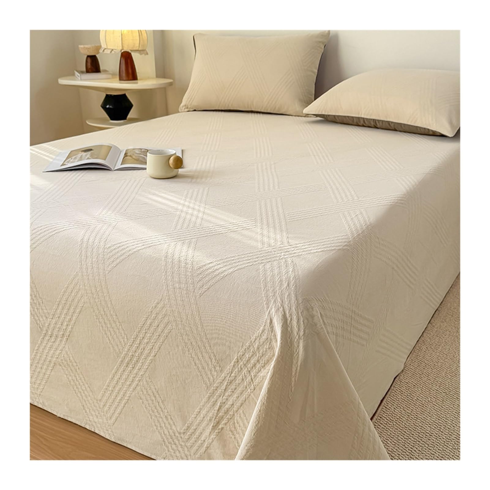 GBHMJU 100% Cotton Thick Flat Sheet Twin Full Queen Jacquard Machine Washable Breathable Top Sheet(Khaki,230x250cm)