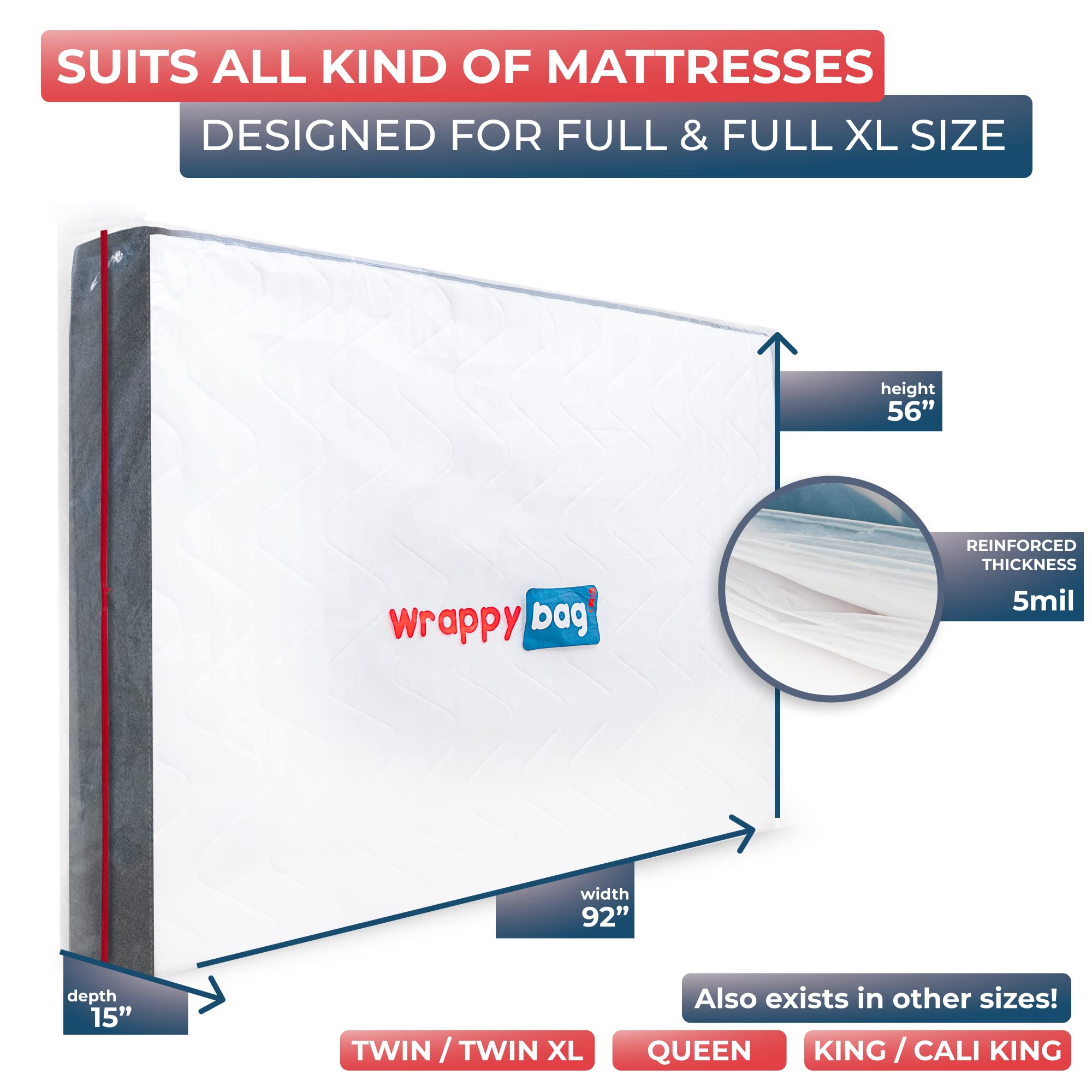 WRAPPYBAG® Protective Plastic Mattress Bag — Full / Full XL Sizes