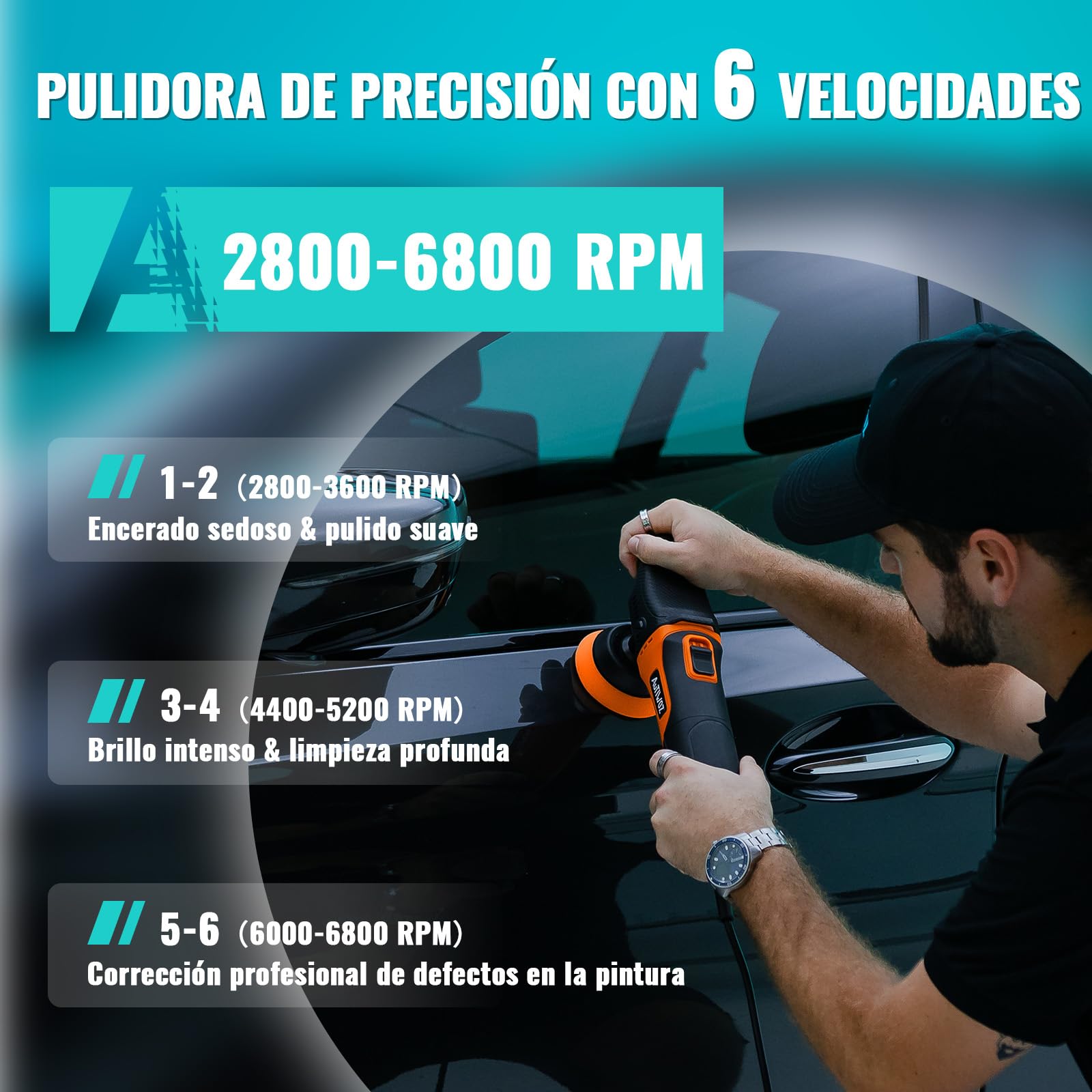 AUTIWOZ Set de Mini Pulidora de Coche Rotativa, Pulidora Pequeña 630W | Pulidora rotativa coche (630W/6 velocidades), mini pulidora con platos de 1/2/3", ejes de acero inoxidable (7,5/10/14cm)
