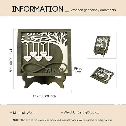 Vista 207 de Árbol genealógico con etiqueta de corazón, placas de madera grabadas personalizadas, regalos personalizados para madres, padres, escritorio, nombres