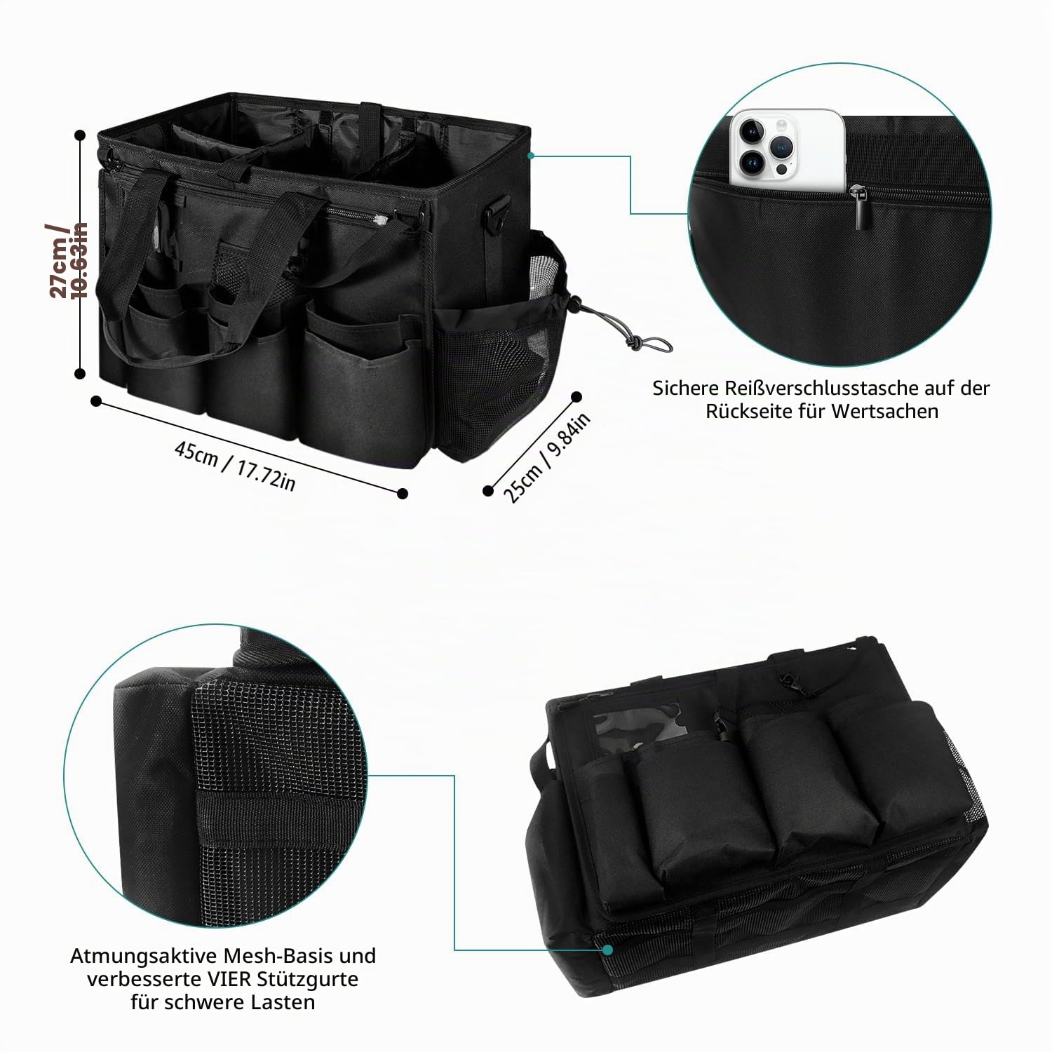 Tragbare Putzmittel Organizer, Große Cleaning Caddy Putztasche mit Griff Schulterriemen, Putzset Haushalt Putzkorb, Reißfest und Platzsparend, Schwarz(Nur Tasche)