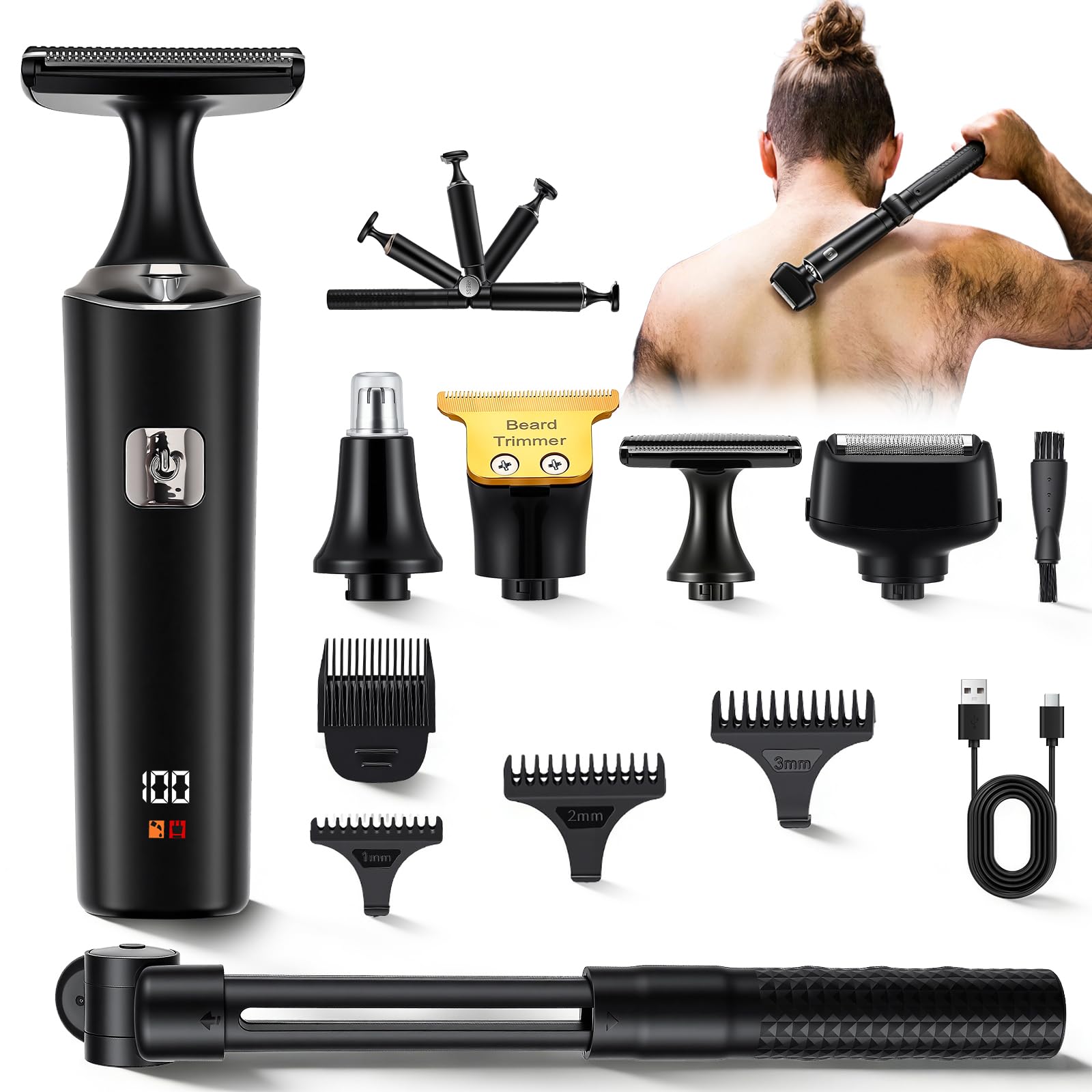 Rasoir électrique pour Le Dos pour Hommes, 5 en 1 Tondeuse Intime Homme, Tondeuse pour Hommes avec Extensible poignée, étanche IPX7 et écran LED, Tondeuse à Poils corporels sans Fil