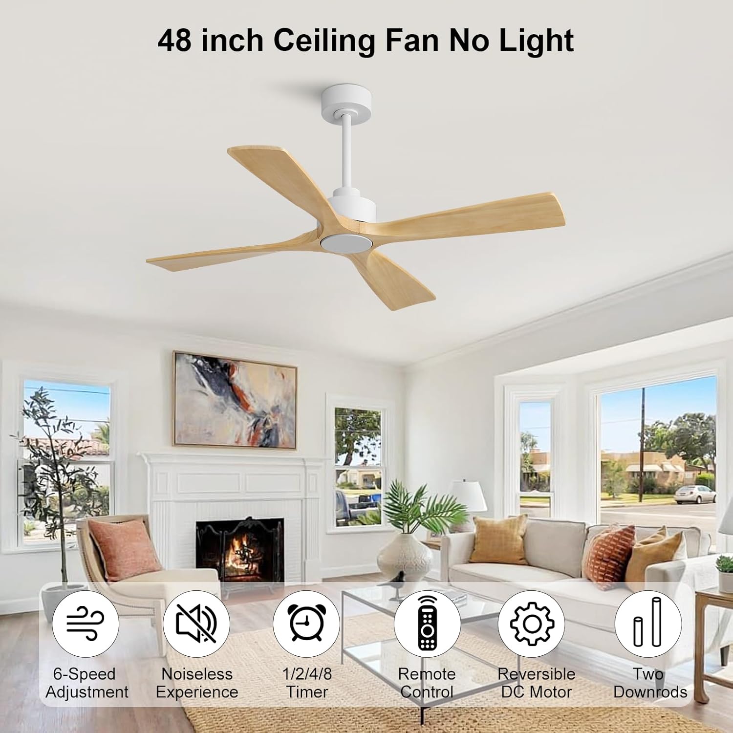 WINGBO 48 inch Ceiling Fan Without Lights, Solid Wood Ceiling Fan no Light with Remote Control, Reversible DC Motor, 4 Blades,6-Speed Quiet Performance, for Bedroom/Indoor, White+Light Wood