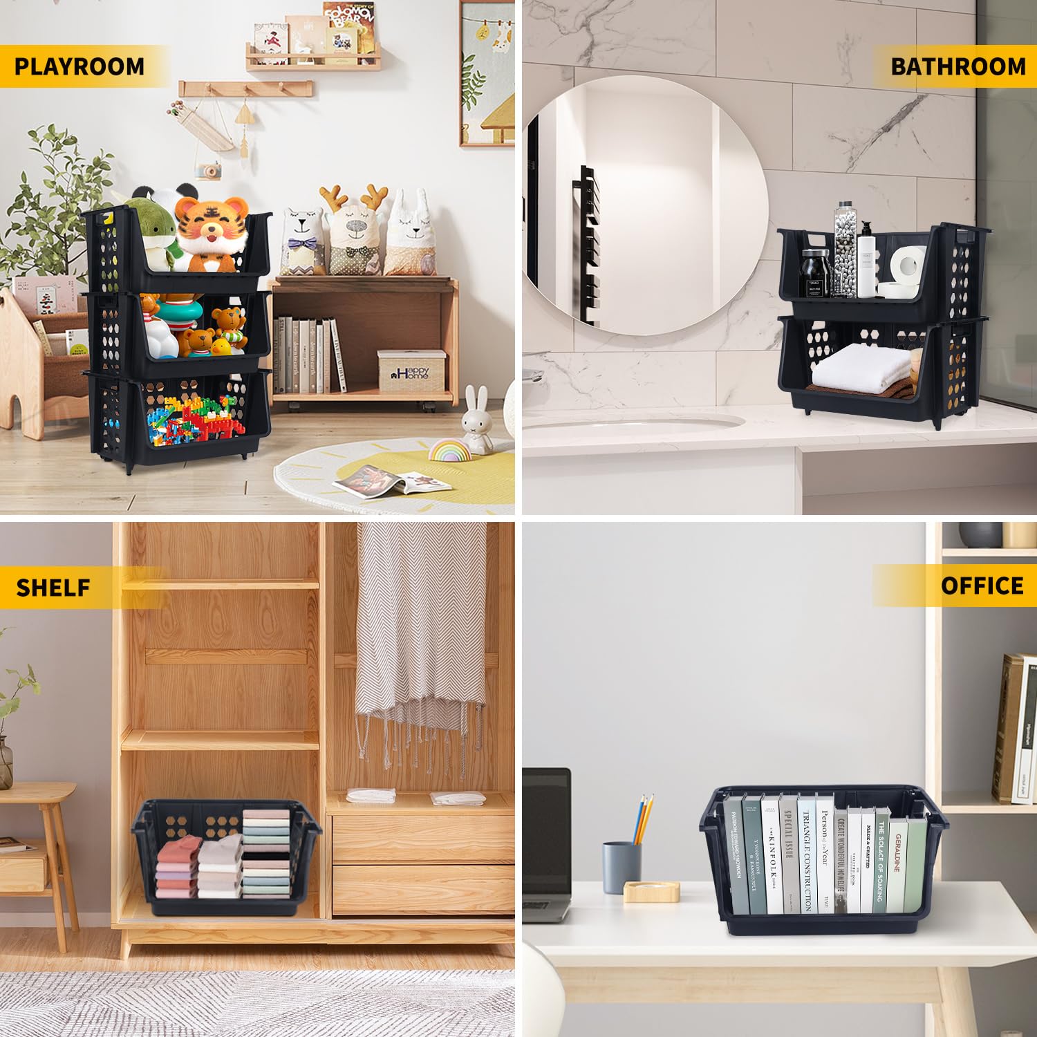 SAglorb Plastic Stackable Storage Bins for Organizing, 4-Tier Black ...