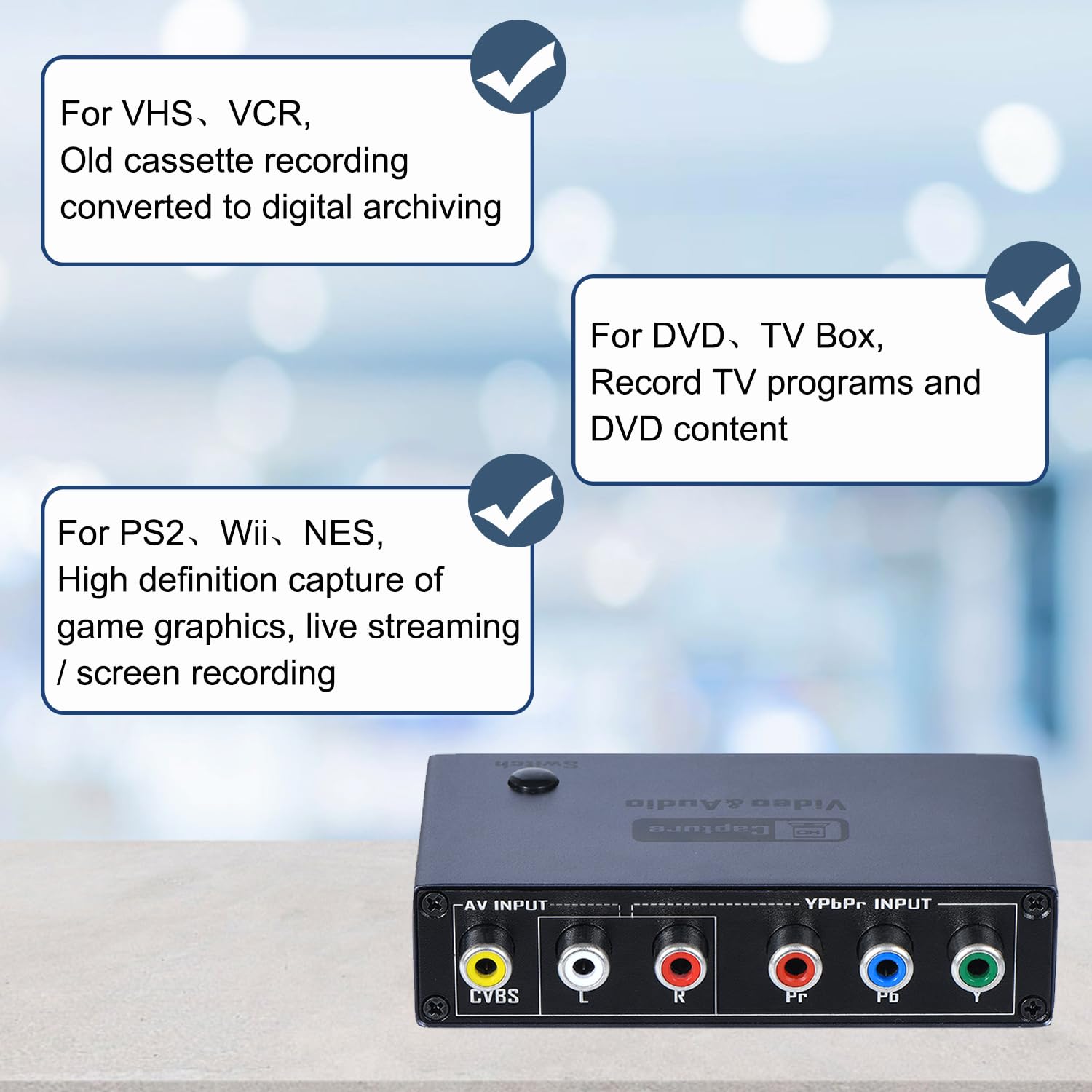 2026 aggiornato VHS RCA YPbPr a convertitore digitale, 1080P 60Hz Component Composite Audio Video a USB Scheda di acquisizione video per VHS VCR DVD PS2 Wii N64, compatibile con Windows, Mac, Linux