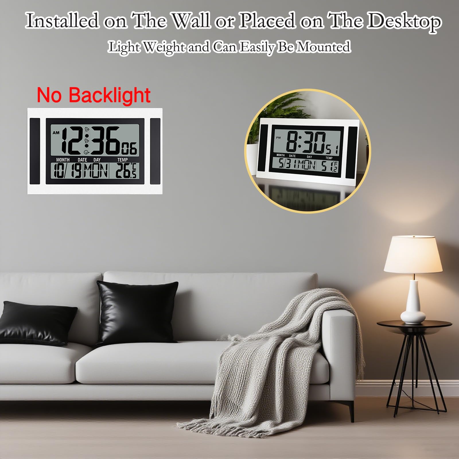 Orologio da parete digitale con grande display da 11,5 pollici, funzionamento a batteria con grandi numeri, orologio da scrivania con ora, data, temperatura, 2 allarmi con snooze, facile da usare per