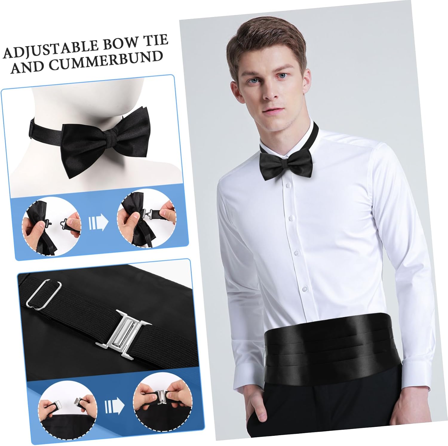 Mens Cummerbund and Bow Tie Set Pocket Square Bow Tie Black Mens Formal Satin Bowtie and Cummerbund Set Gentlemen Suit Accessories for Business Wedding Party Banquet