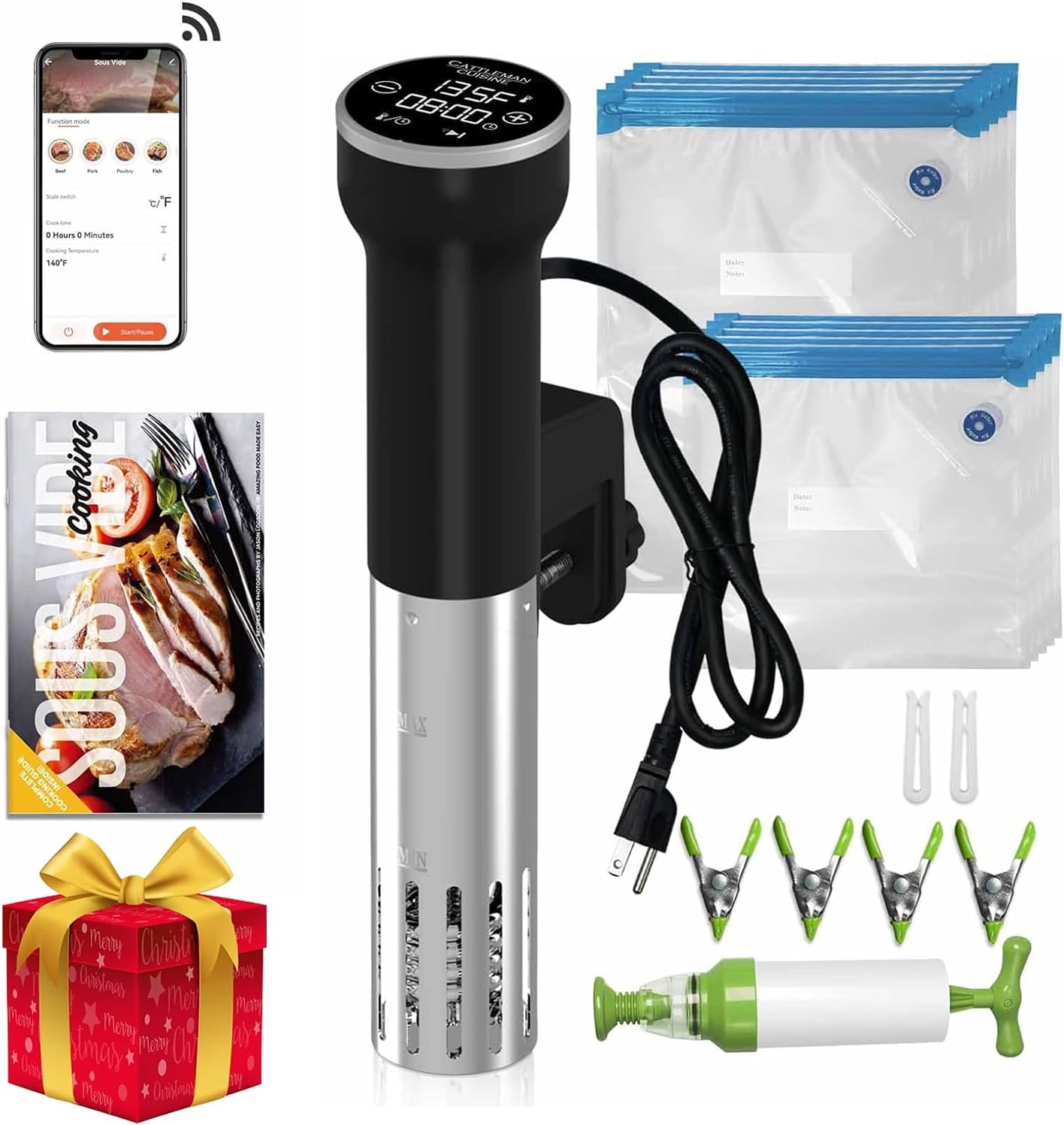 Sous Vide Machine Wi-Fi, 1000W, IPX7 Waterproof, Sous Vide Cooker, Immersion Circulator, Suvee Cooker Kit with 30 Vacuum Bags, Vacuum Pump, Cookbook, Accurate Temperature&Timer