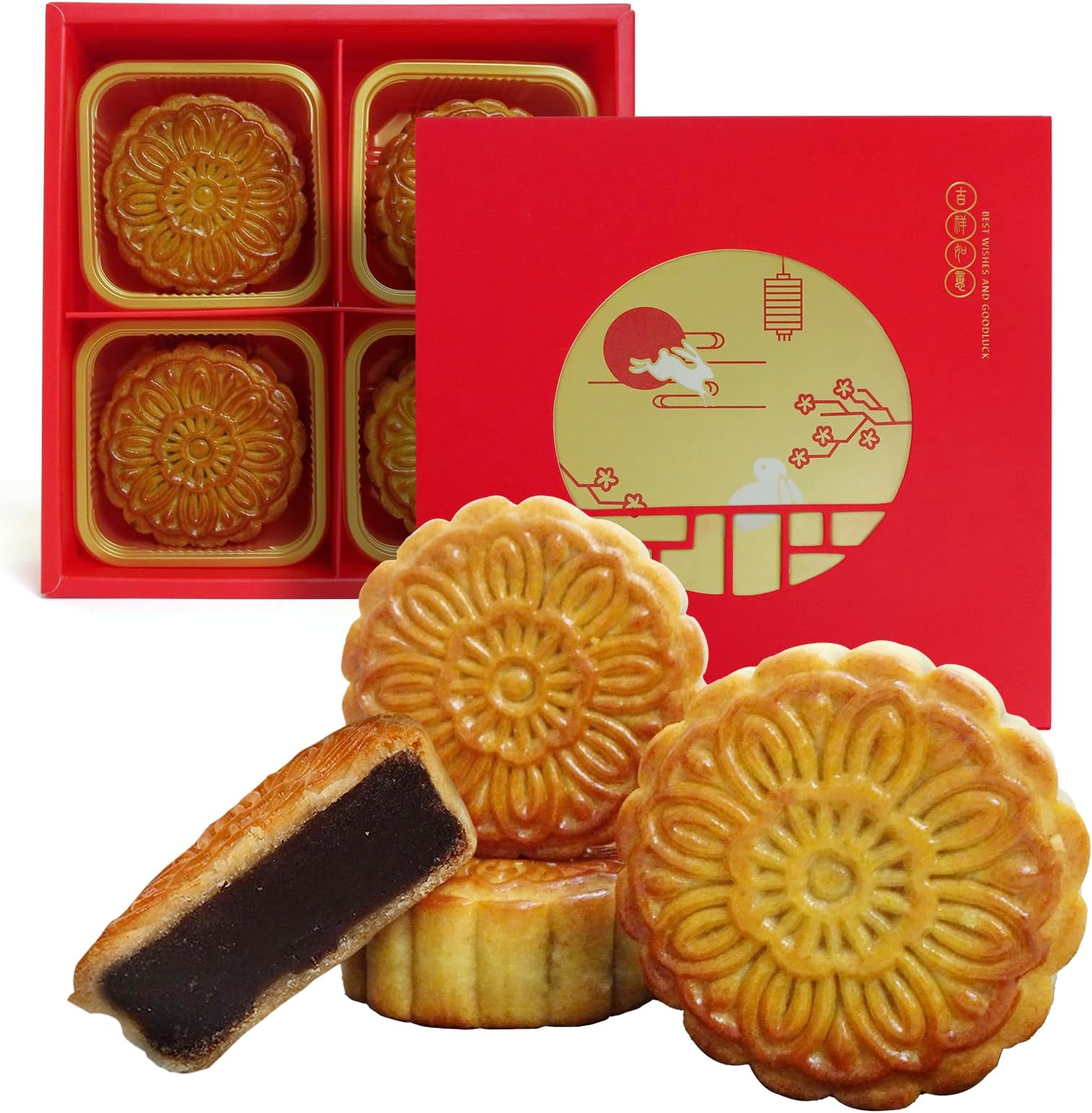 KWOLYKIM Cantonese Mooncake Red Bean Paste Flavor Mid-Autumn Festival Moon Cake 3.5oz each, Set of 4pcs 红豆沙味月餅100g四個