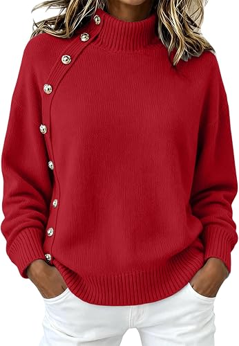 Shiketong Womens Button Mock Neck Sweater Asymmetric Pullover Top Red
