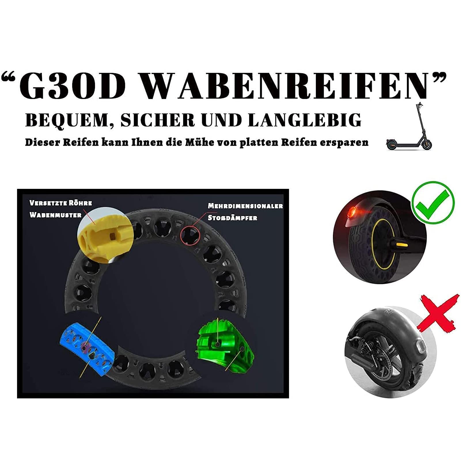Pneu Solide - Tubes Solides à Trou en Nid d'abeille Pneus de Rechange 2 PCS avec 1 Démonte-Pneu pour Scooter électrique - Antidérapant Durable - Plusieurs Couleurs