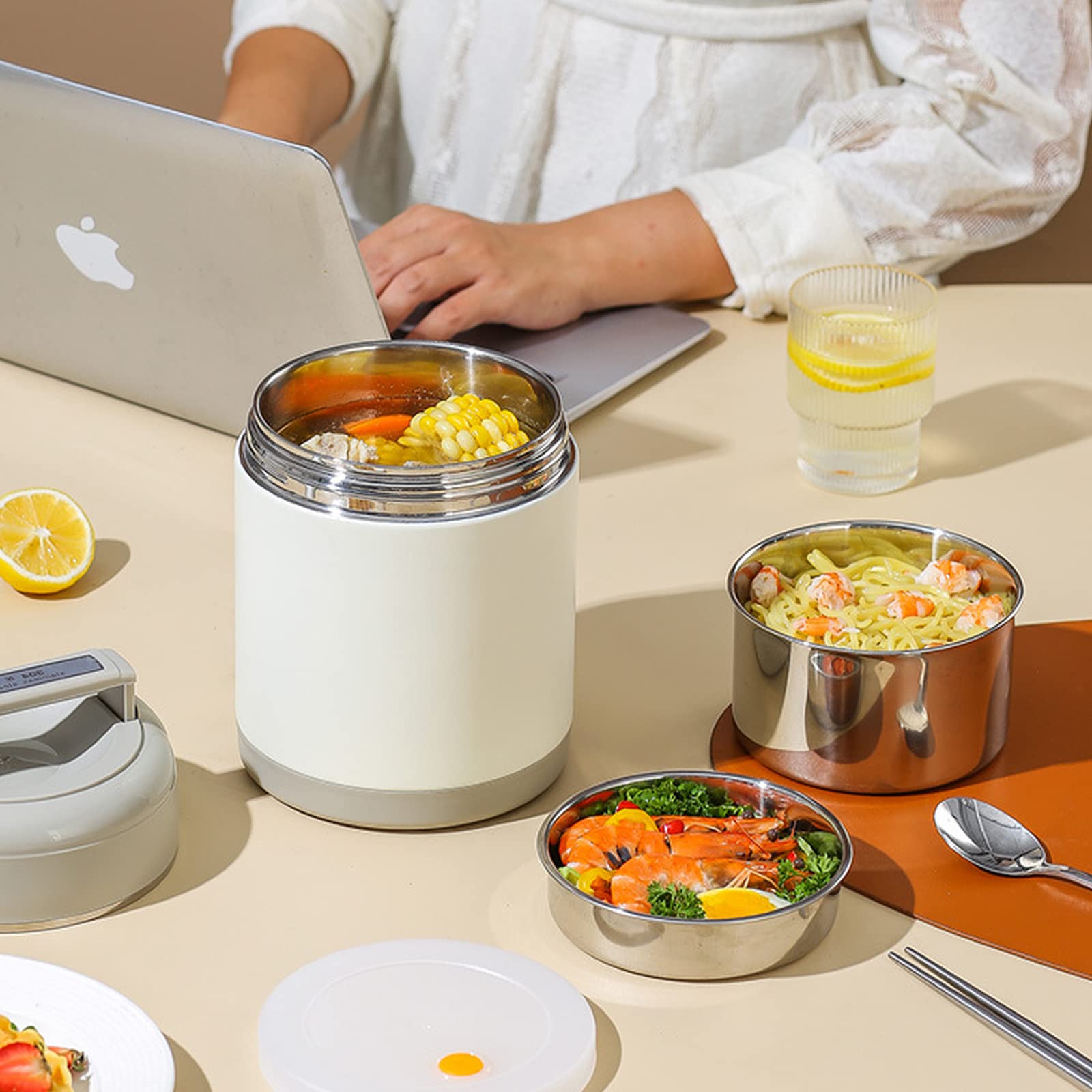 LANMOU Thermobehälter für Essen, Edelstahl Warmhaltebehälter Auslaufsicher Edelstahl Essensbehälter, Edelstahl Suppenbehälter mit Faltbarem Löffel (1.3L)