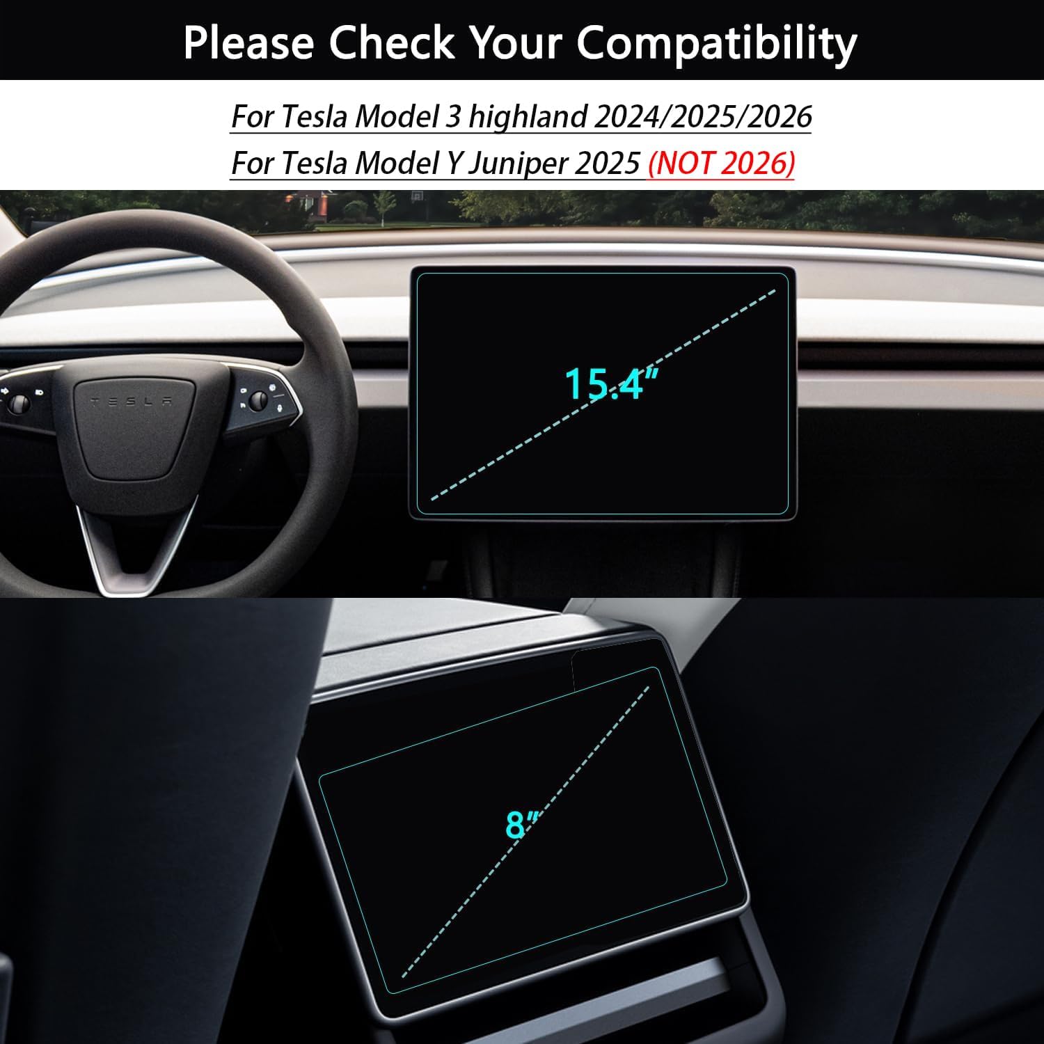 For Tesla Model 3 Highland 2024-2026 & Model Y Juniper 2025 Screen Protector [No Glare & Anti-Fingerprint] Tempered Glass with Auto-Align Touchscreen Accessories Front & Rear (Matte)