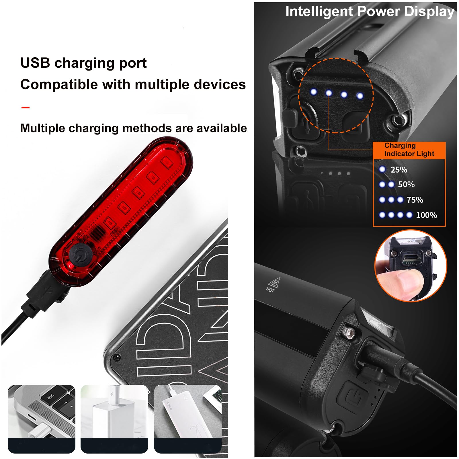 Set di luci per bicicletta per guida notturna, set di fari luminosi ricaricabili per bicicletta, abbaglianti e anabbaglianti, luce LED USB per bicicletta, faro e fanale posteriore impermeabile per