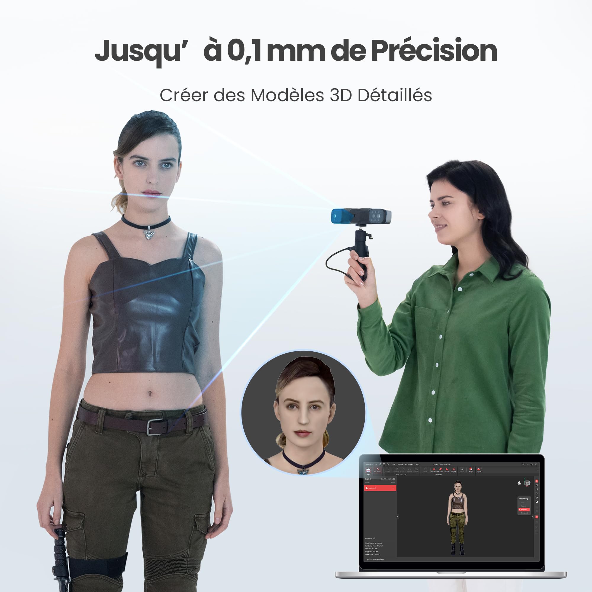 Revopoint RANGE 2 Scanner 3D Portable, Précision 0,1 mm,Scanner de Modèles 3D Portable,Caméra Couleur RGB Intégrée,Pour Scans Corporels & Faciaux, Ingénierie Inverse