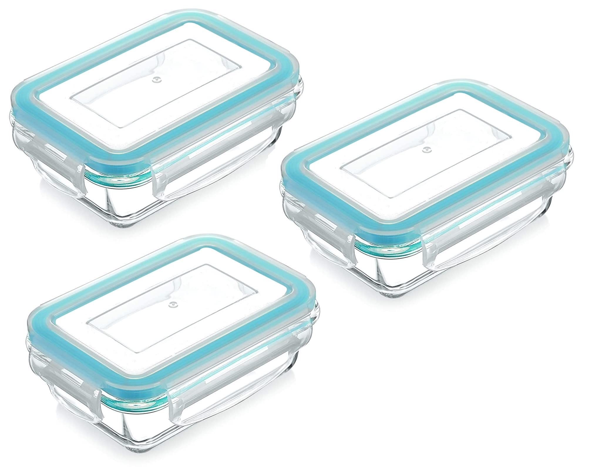 IndusBay® Pack of 3, 410 ML Rectangular Borosilicate Glass Food Storage Oven Safe Container Set with Airtight Lid Microwave Safe Tiffin Bowl, Glass Reheating Serving Bowl