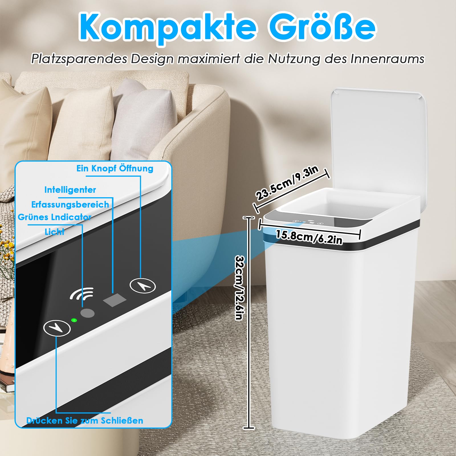 Dreamhigh 2er Set Mülleimer Mit Sensor, 12L Elektrischer Mülleimer Mit Automatischem Deckel, Smart Mülleimer Mit 3 Öffnungsmodi, Leise & Wasserdicht Für Küche, Bad, Büro, Wohnzimmer (Weiß)