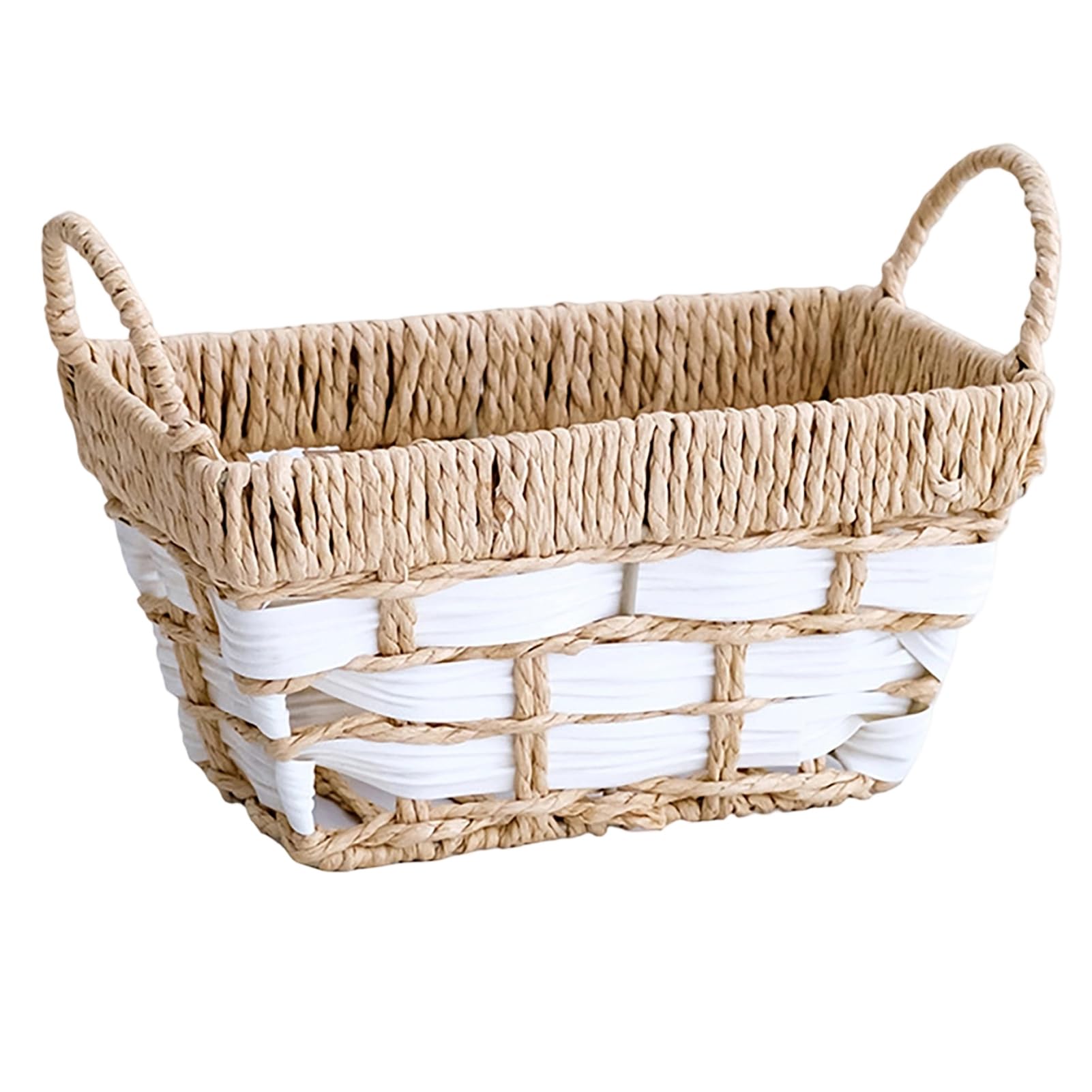 sugerou Storage Basket Rectangle Paper Rope Handwoven with Double-sided Handles - Waterproof Lining Portable Storage Bin for Bathroom Toiletries or Home Organizer A