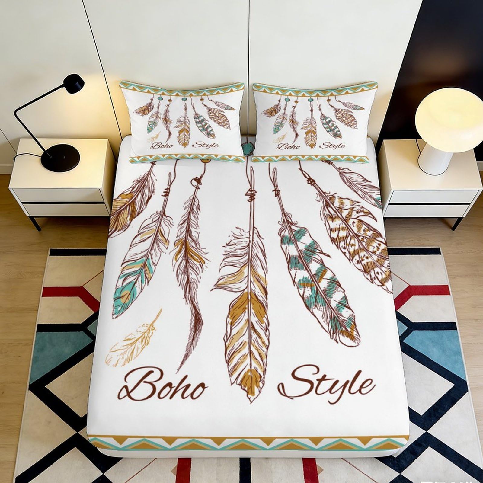 3D Printed Boho Feather Fitted Sheet Microfiber Soft Mattress Cover for Bedroom Guest Room Dorm Decor 120x200cm 90x200x25cm