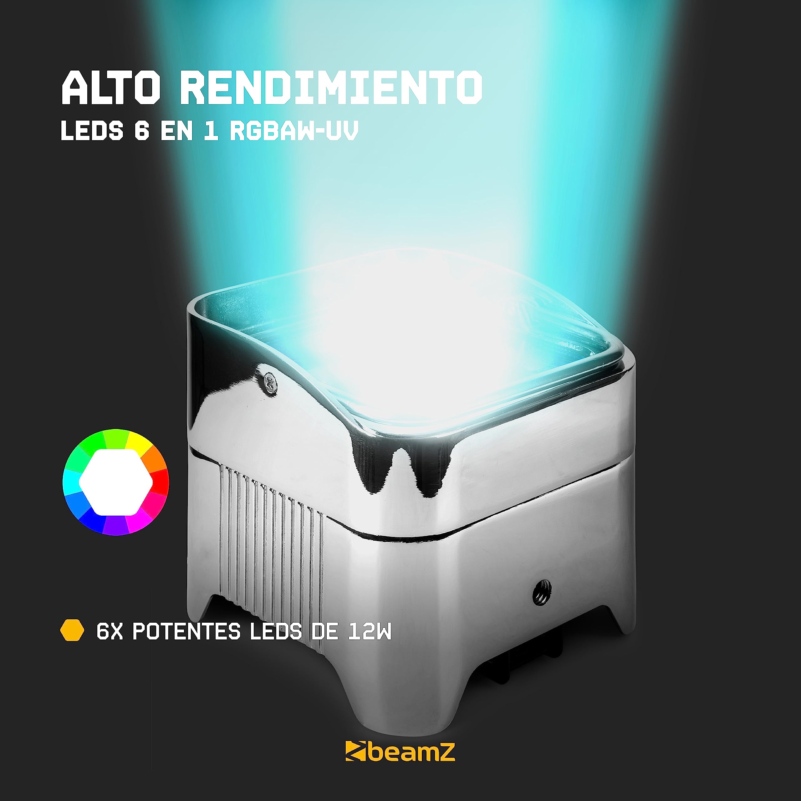 BeamZ BBP96SC – Pack de 2 foco bateria 6 x 12W RGBAW-UV con WDMX inalámbrico y luz led recargable ideal para focos led interior, eventos, luces fiesta y luz de discoteca para fiesta, color cromado