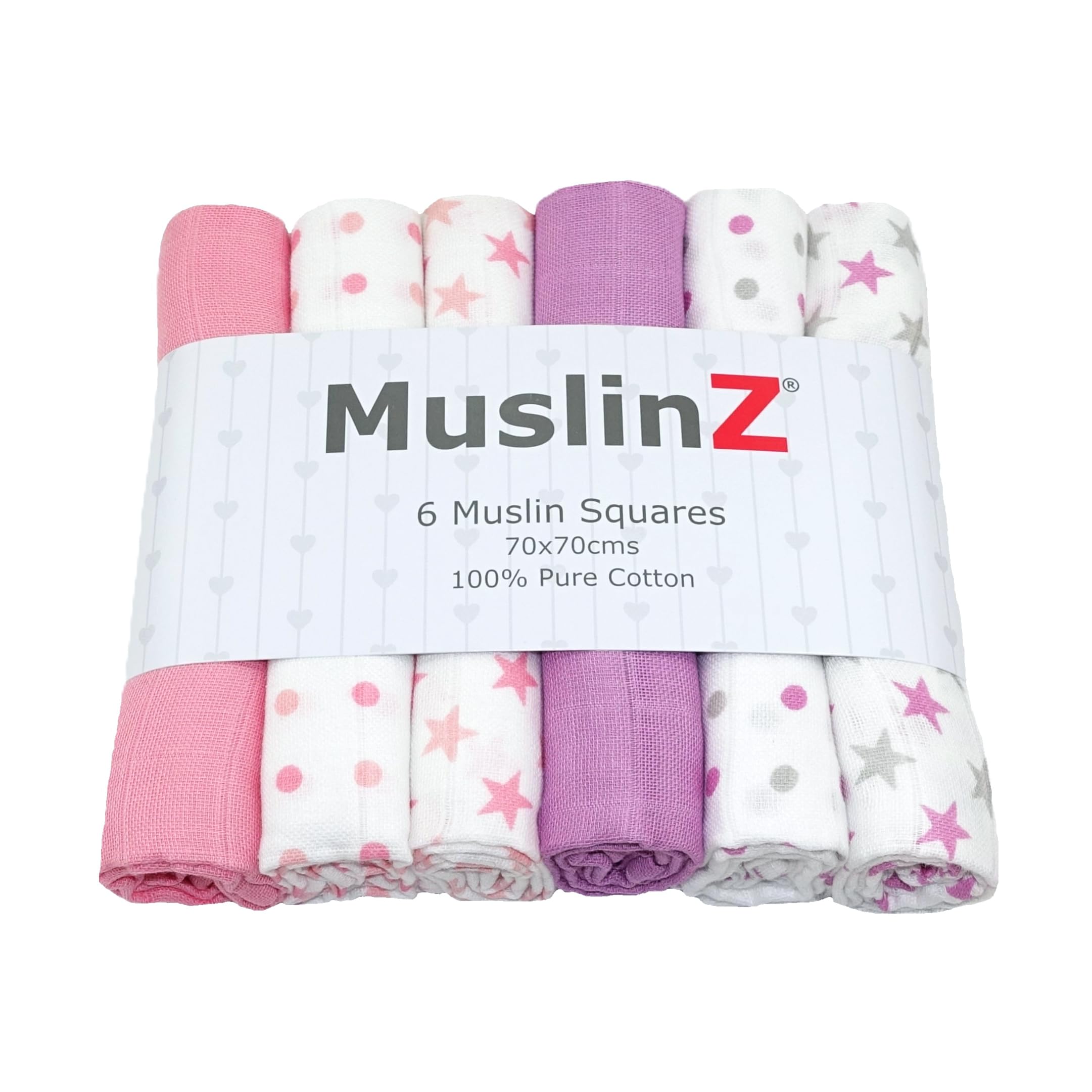 MuslinZ 6pk Baby Muslin Squares - Baby Burp Cloths - Muslins for Baby -100% Pure Soft Cotton - 70x70cm - Newborn Baby Essential (Bright Pink And Violet Mix)