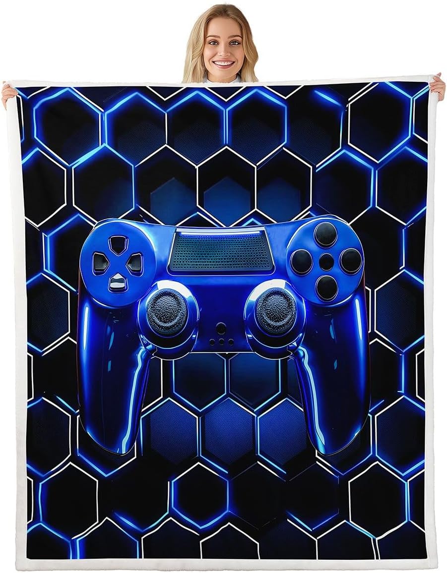 Manfei Game Kids Throw Blanket,Gamepad Honeycomb Gaming Bed Blanket,Video Games Geometric Girls Boys Sofa Decor,Dark Blue Fuzzy Blanket,Baby Size (30 x 39 Inches)