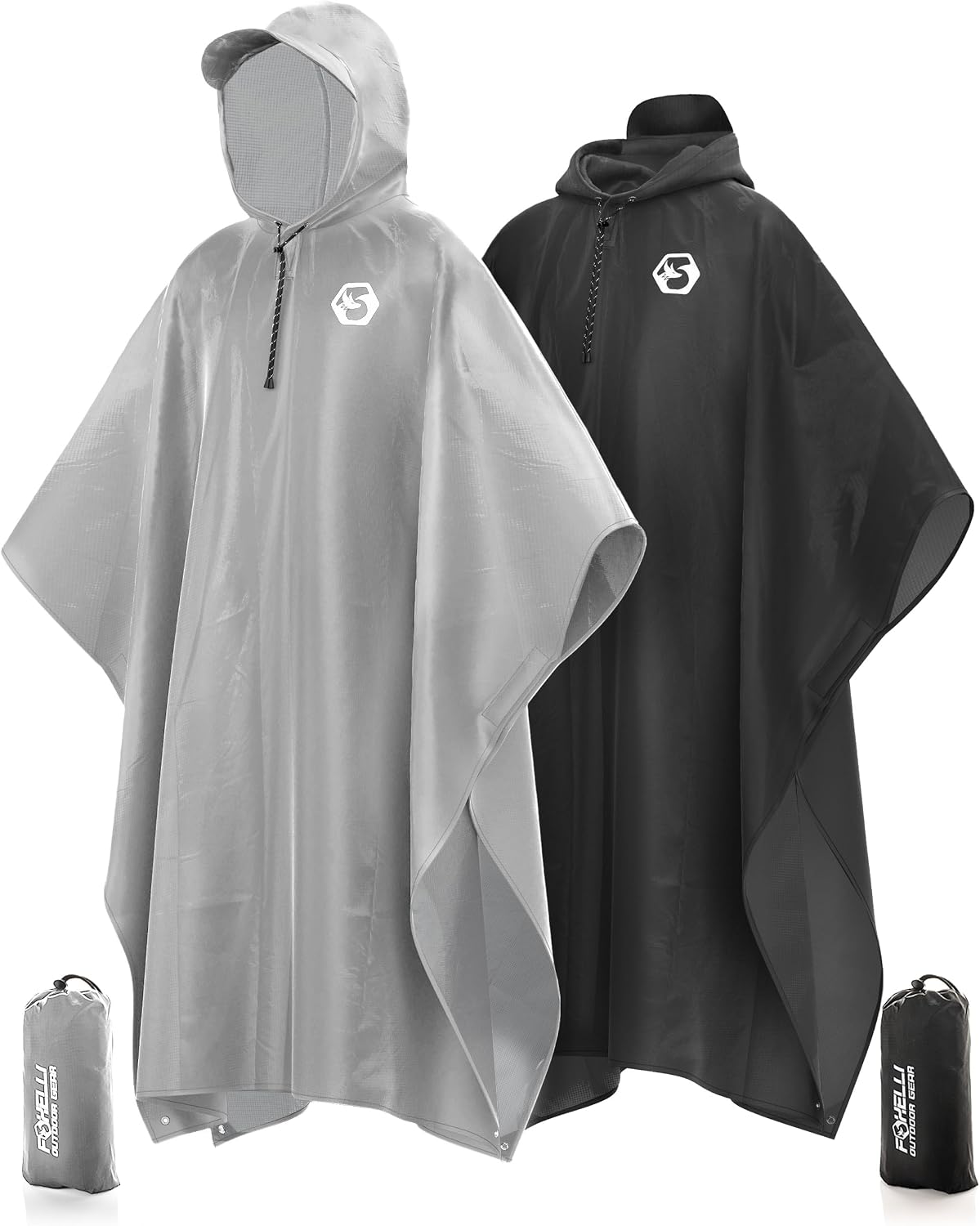Foxelli Rain Poncho Bundle - Grey & Black Ponchos for Adults