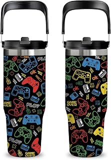 30 oz Game Tumbler with Top Handle & Flip Straw, Gamer Gifts for Boys