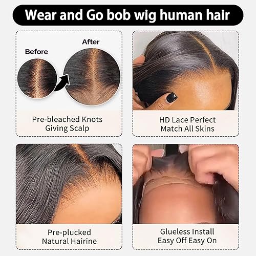 Miniatura 3 de Beroyal Peluca de cabello humano sin pegamento, pelucas de cabello humano para mujeres, precortadas con encaje frontal de 6 x 5, pelucas cortas de