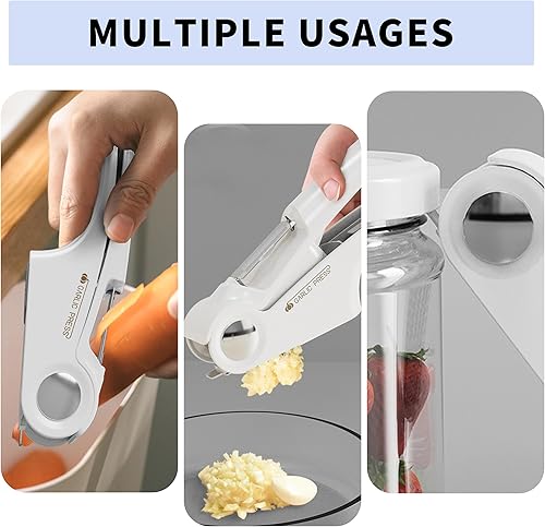 Miniatura 5 de Prensa de ajo, prensa de ajo con limpiador integrado, trituradora de ajo y pelador para picar ajo y rebanada de ajo (uno, blancoverde, acero