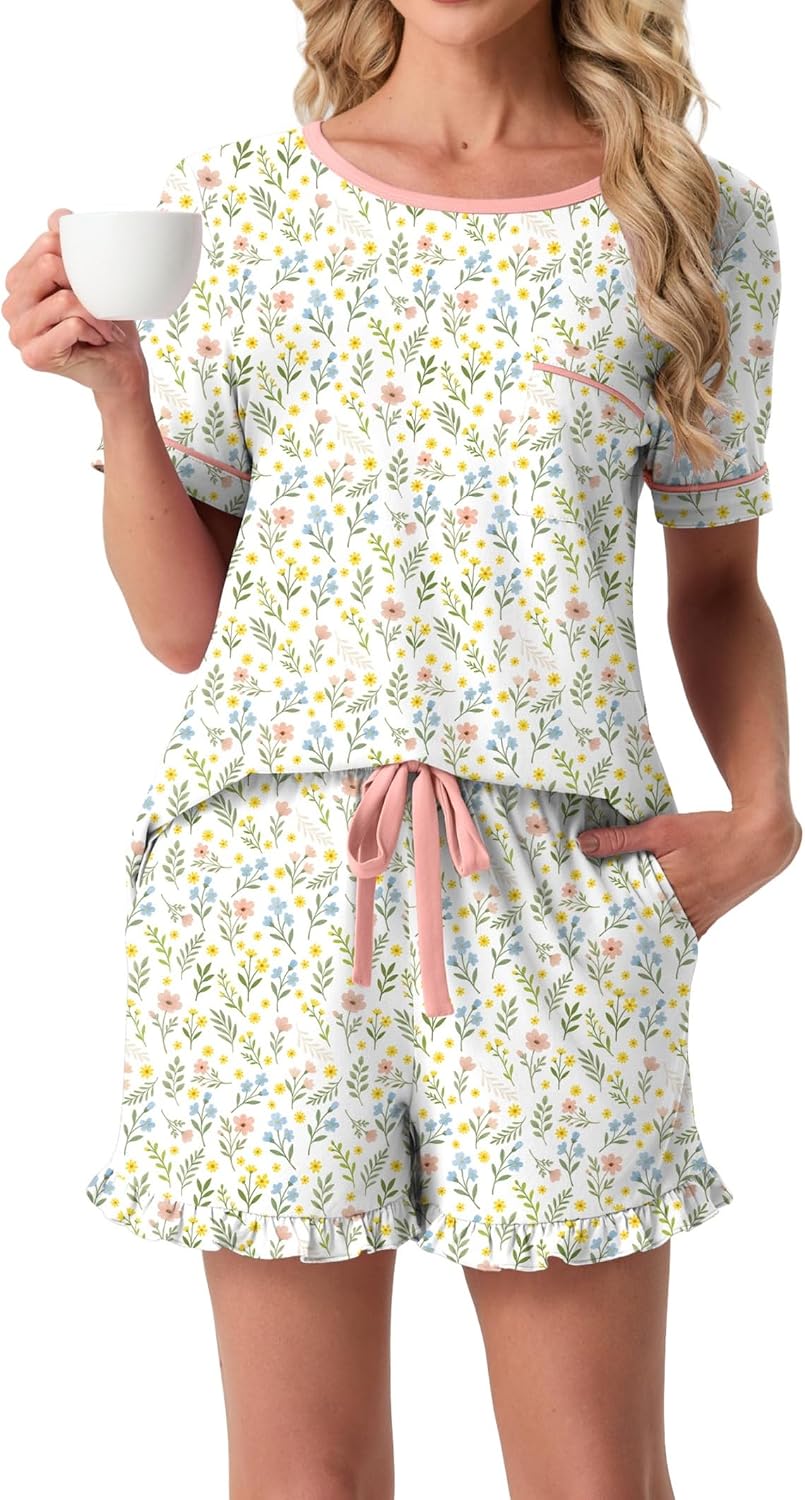 PrinStory Womens Pajama Set 2 Piece Short Sleeve Top and Shorts Pjs Cute Lightweight Pj Sets Soft Lounge Set with Pockets