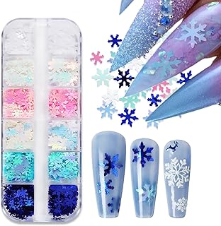 12 Grids Christmas Nail Art Glitter Sequins 3D Holographic Winter Snowflake Nail Art Glitter Flakes White Blue Pink Green Snowflake Designs Xmas Nail Decorations for Acrylic Nails Supplies