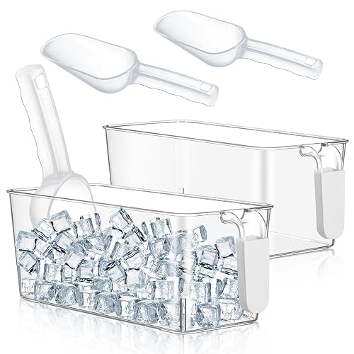 Havawish 2 Set Ice Bin and Flexible Scoop Set Plastic Freezer Ice Bin with Pull Out Handle Clear Storage Bucket for Container with Bucket Scoop(Grey,10.83 x 4.92 x 4.33 in)