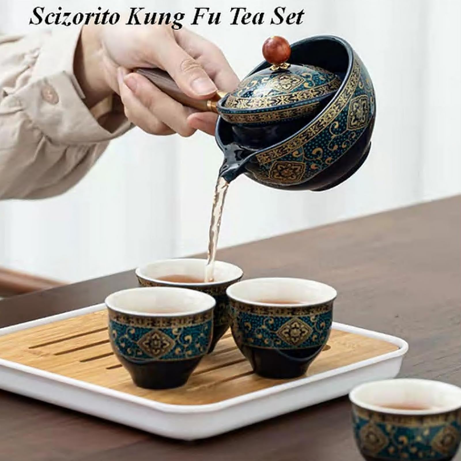 Juego de té de viaje portátil de cerámica, juego de té kungfu chino con tetera de rotación 360 e infusor, 4 tazas de té, bandeja de té y bolsa de viaje (estampado negro)